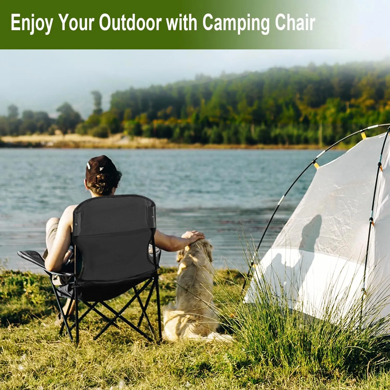 Folding Camping Collapsible Chairs Heavy Duty Lawn Chair with Cooler Bag, Storage Pocket, Waterproof Bag Outdoor Arm Chair, Supports 225LBS, Black