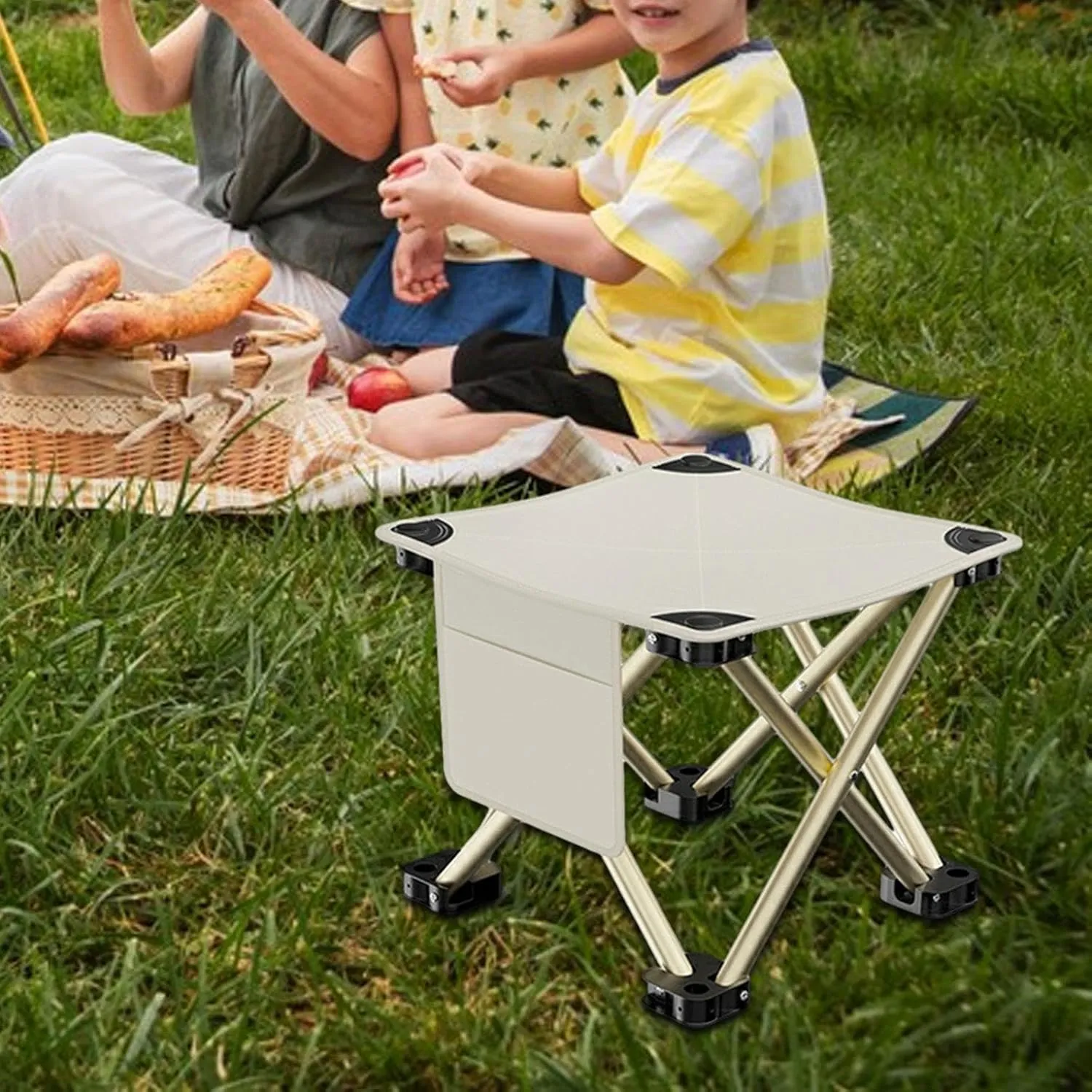 Folding Camping Stool Foot Rest Stool Compact Lightweight with Side Pocket Small Foldable Chair for BBQ Garden Traveling Lawn, White, 28cmx28cmx23cm