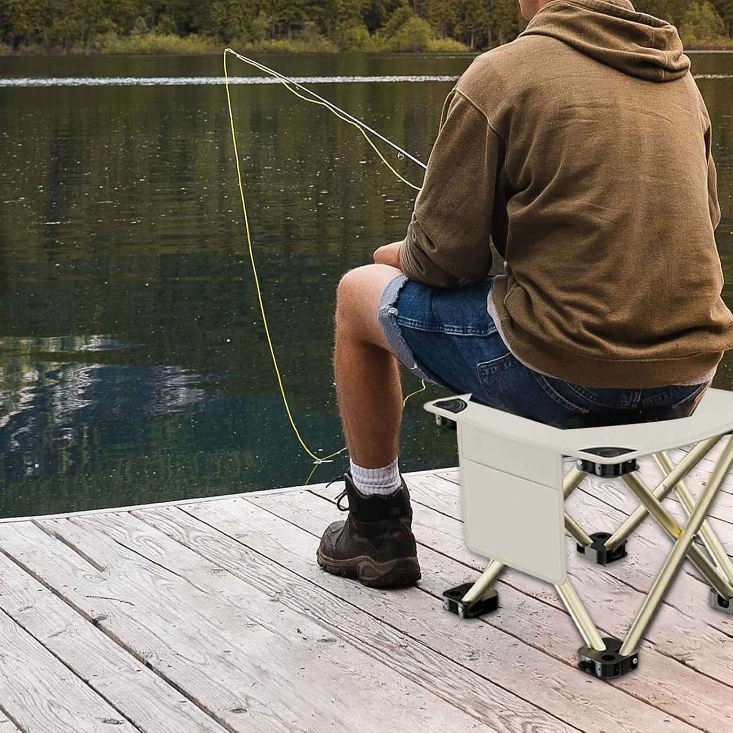 Folding Camping Stool Foot Rest Stool Compact Lightweight with Side Pocket Small Foldable Chair for BBQ Garden Traveling Lawn, White, 28cmx28cmx23cm