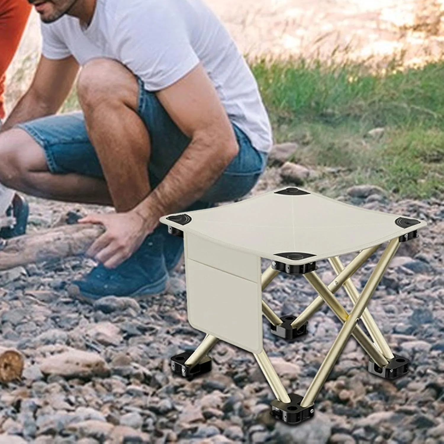 Folding Camping Stool Foot Rest Stool Compact Lightweight with Side Pocket Small Foldable Chair for BBQ Garden Traveling Lawn, White, 28cmx28cmx23cm