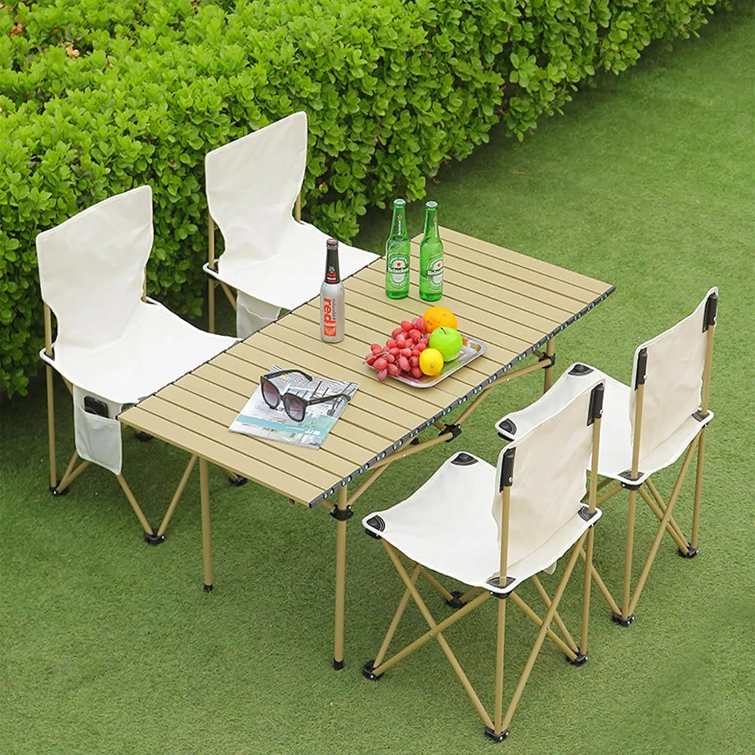 Folding Camping Table with Aluminum Top, Lightweight Portable Table for Picnic, BBQ, Cooking, and Outdoor Activities, Includes Carry Bag Light Yellow 50×53×50cm/19.7×20.9×19.7in