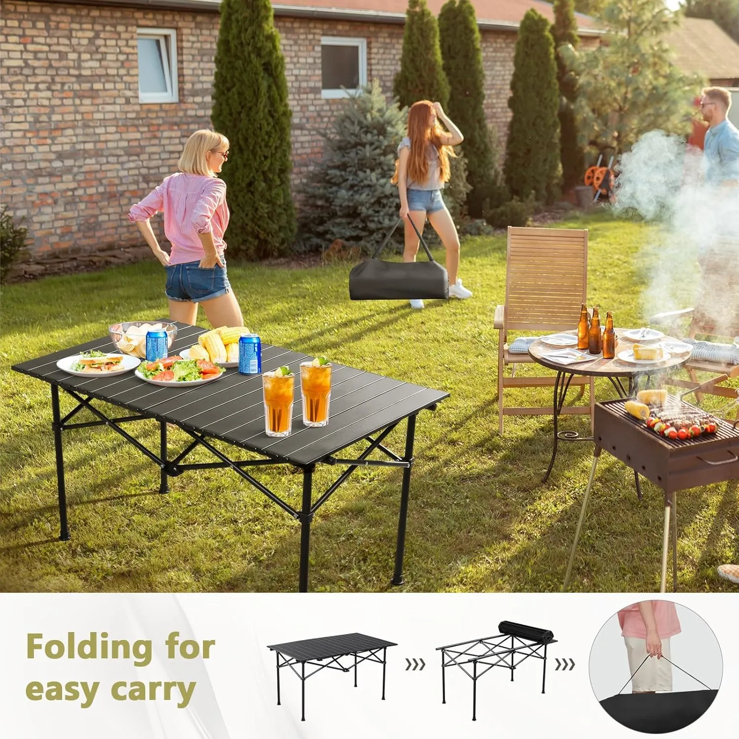 Folding Camping Table with Aluminum Top, Lightweight Portable Table for Picnic, BBQ, Cooking, and Outdoor Activities, Includes Carry Bag Light Yellow 50×53×50cm/19.7×20.9×19.7in