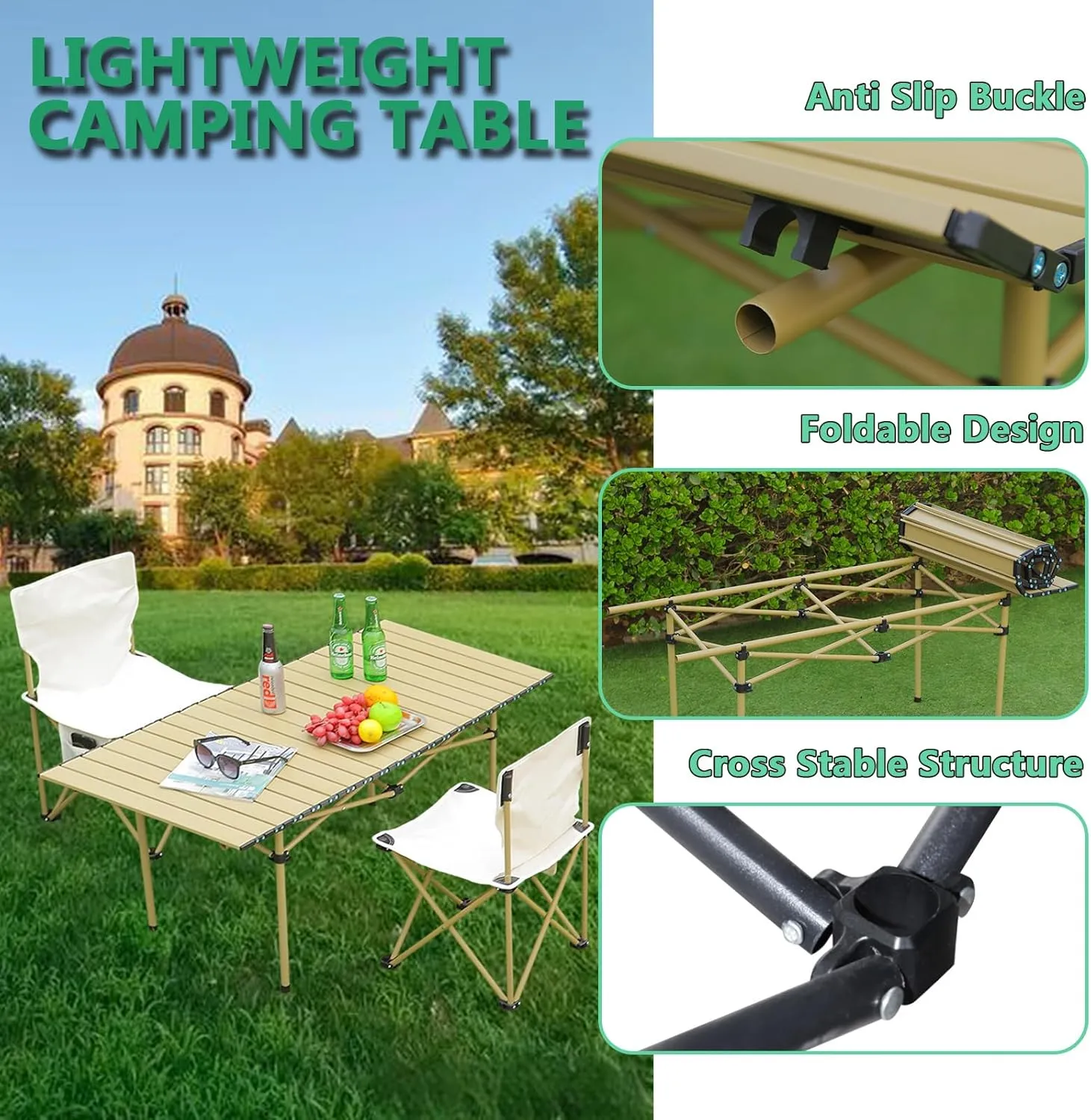 Folding Camping Table with Aluminum Top, Lightweight Portable Table for Picnic, BBQ, Cooking, and Outdoor Activities, Includes Carry Bag Light Yellow 50×53×50cm/19.7×20.9×19.7in