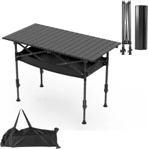Folding Camping Table with Hanging Net, Folding Table with Adjustable Height, Portable & Foldable Camping Table for Outdoor Picnic Hiking Beach BBQ for 4-5People, Black, M