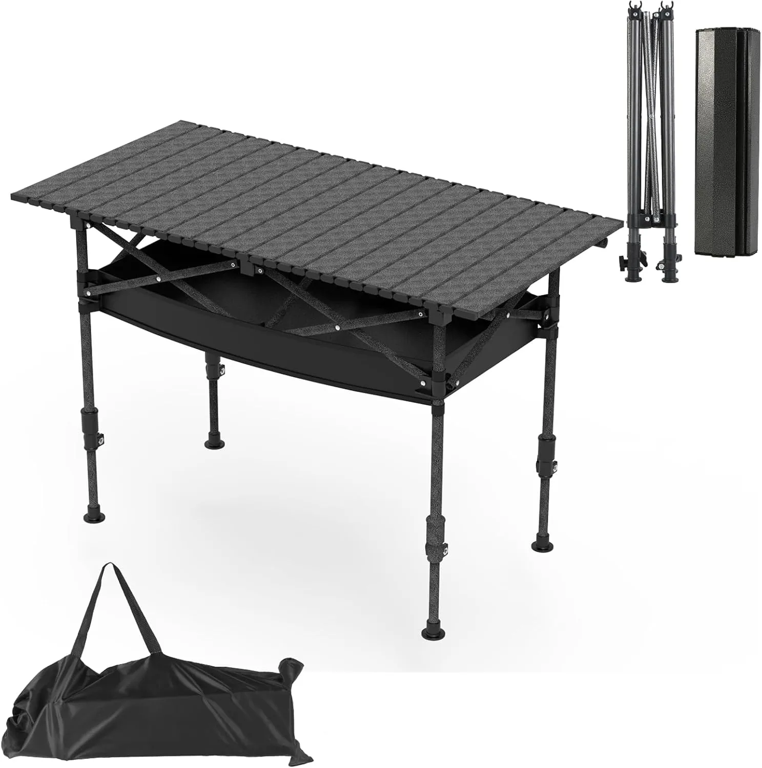 Folding Camping Table with Hanging Net, Folding Table with Adjustable Height, Portable & Foldable Camping Table for Outdoor Picnic Hiking Beach BBQ for 4-5People, Black, M