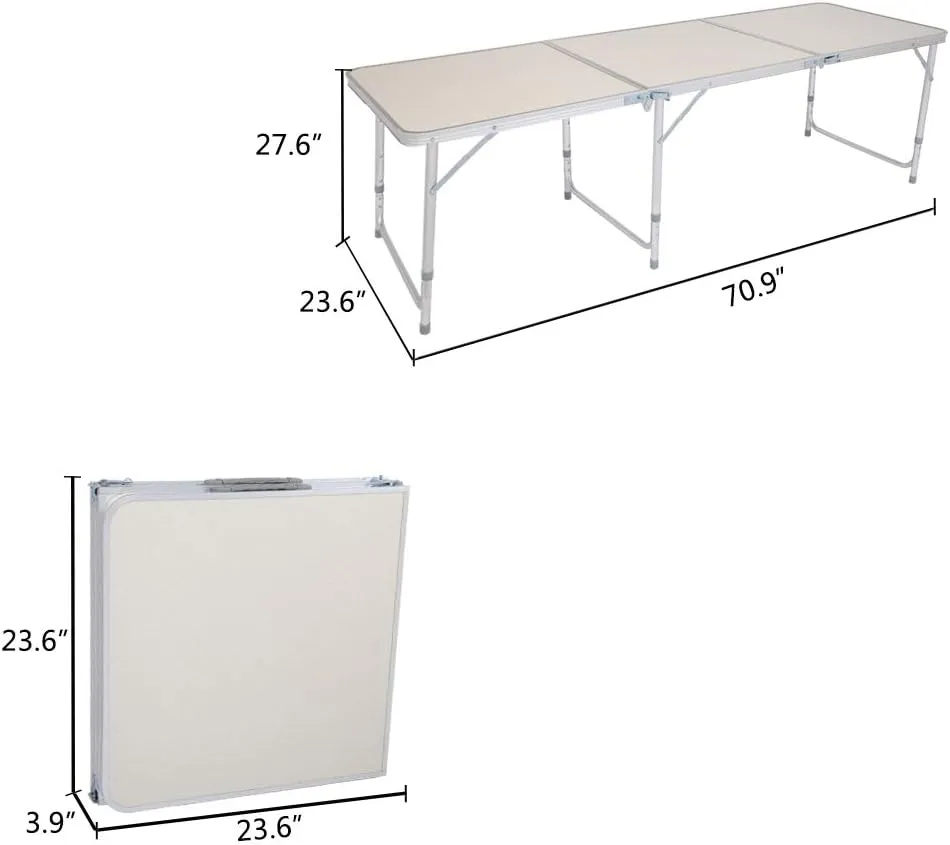 Folding Camping Table,4FT Aluminum Folding Picnic Table with 3 Adjustable Height,Heavy Duty 3 Fold Utility Table,Indoor Outdoor Portable Lightweight Beach Accessories with Carrying Handle (White)
