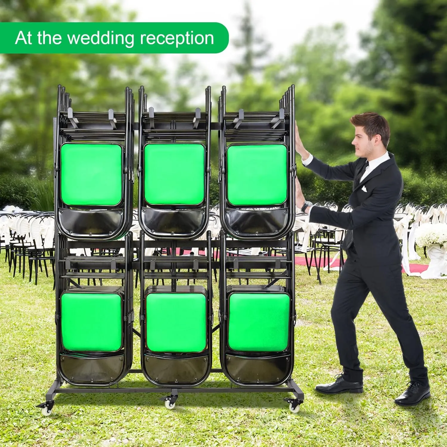 Folding Chair Cart Folding Chair Storage Rack Thickened Two Tier Heavy Duty Folding Table Folding Chair Racks for Storage with Locking Rubber Wheels can Withstand 800LBS Capacity