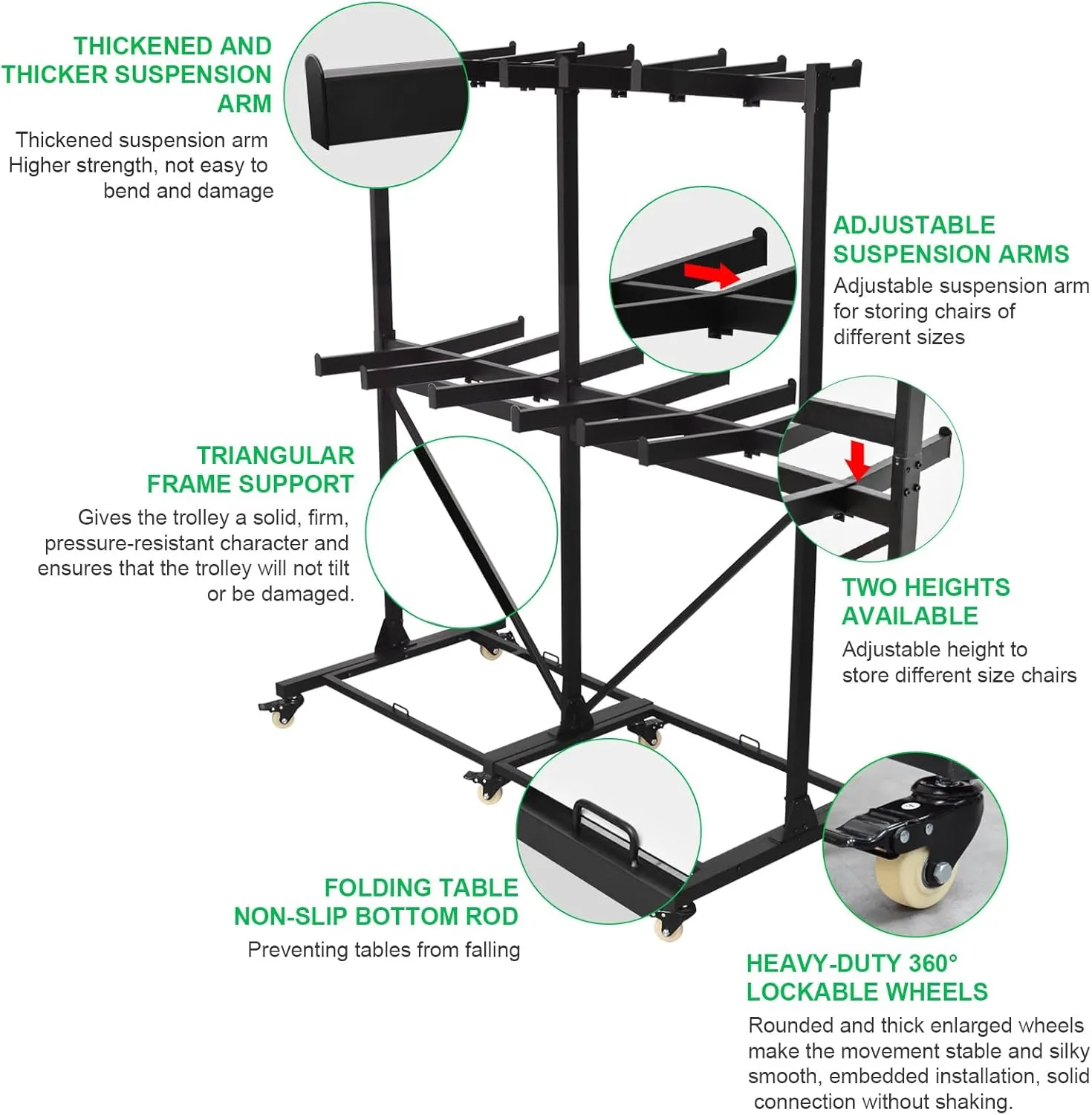 Folding Chair Cart Folding Chair Storage Rack Thickened Two Tier Heavy Duty Folding Table Folding Chair Racks for Storage with Locking Rubber Wheels can Withstand 800LBS Capacity