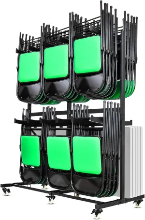 Folding Chair Cart Folding Chair Storage Rack Thickened Two Tier Heavy Duty Folding Table Folding Chair Racks for Storage with Locking Rubber Wheels can Withstand 800LBS Capacity