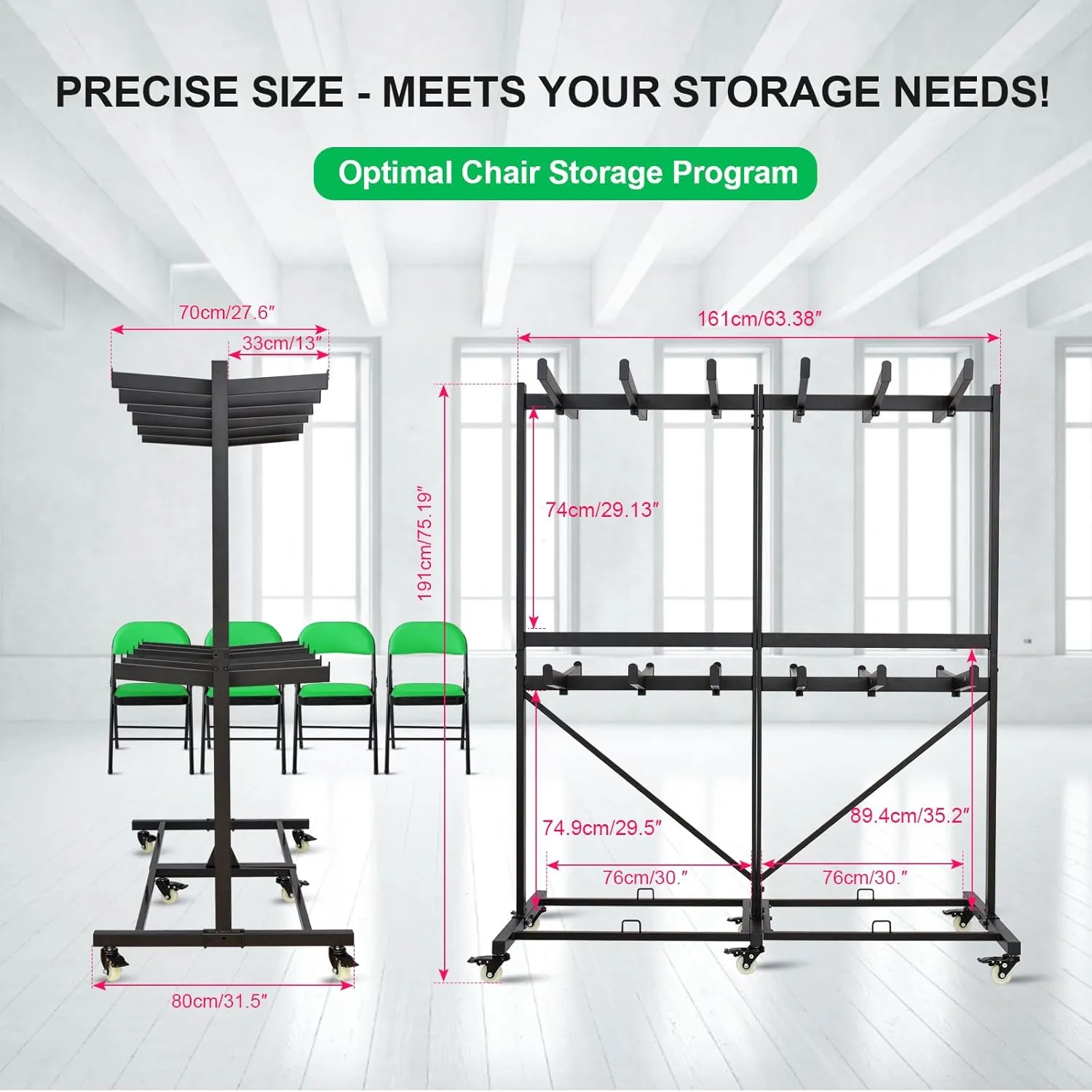 Folding Chair Cart Folding Chair Storage Rack Thickened Two Tier Heavy Duty Folding Table Folding Chair Racks for Storage with Locking Rubber Wheels can Withstand 800LBS Capacity