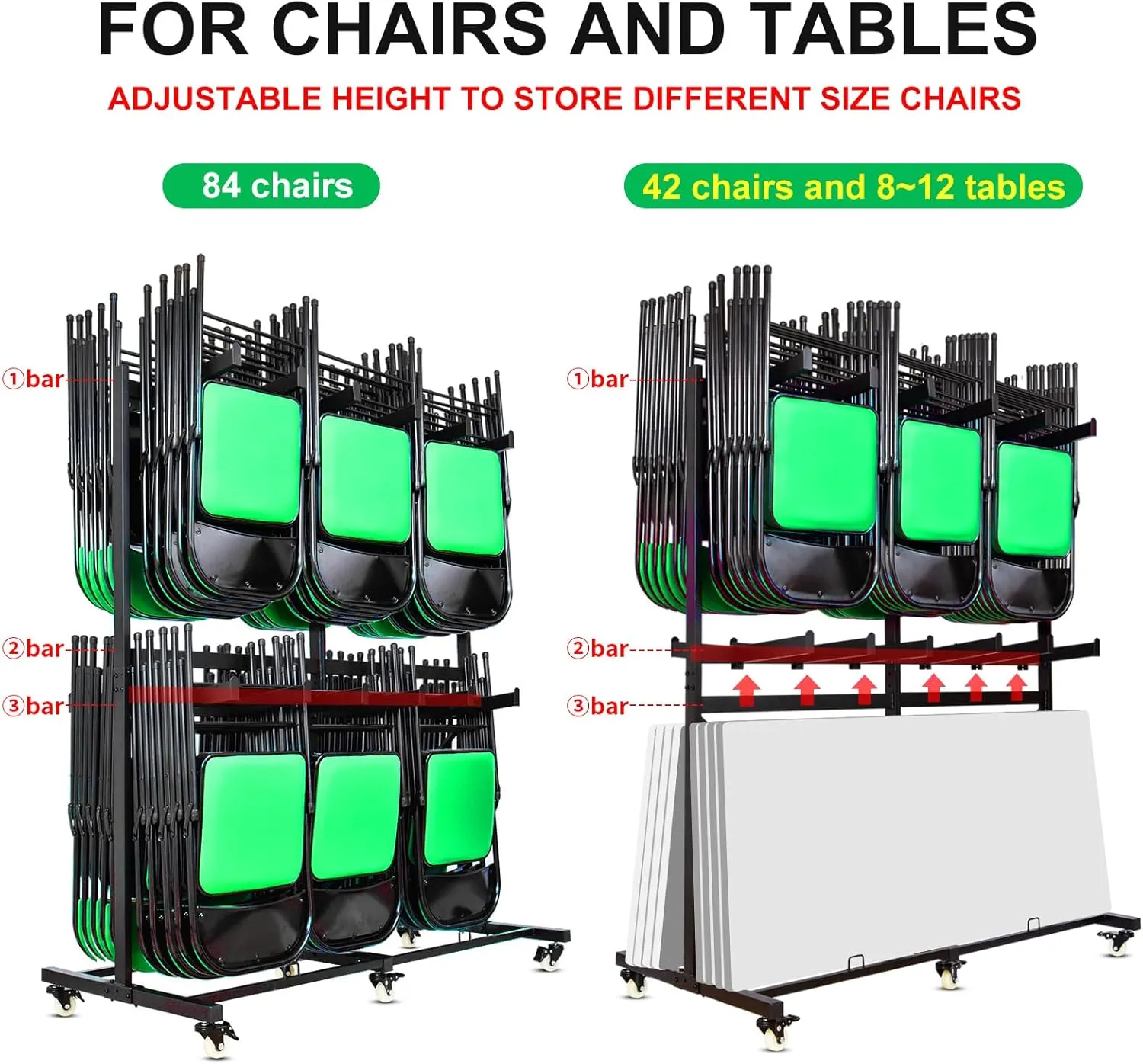 Folding Chair Cart Folding Chair Storage Rack Thickened Two Tier Heavy Duty Folding Table Folding Chair Racks for Storage with Locking Rubber Wheels can Withstand 800LBS Capacity