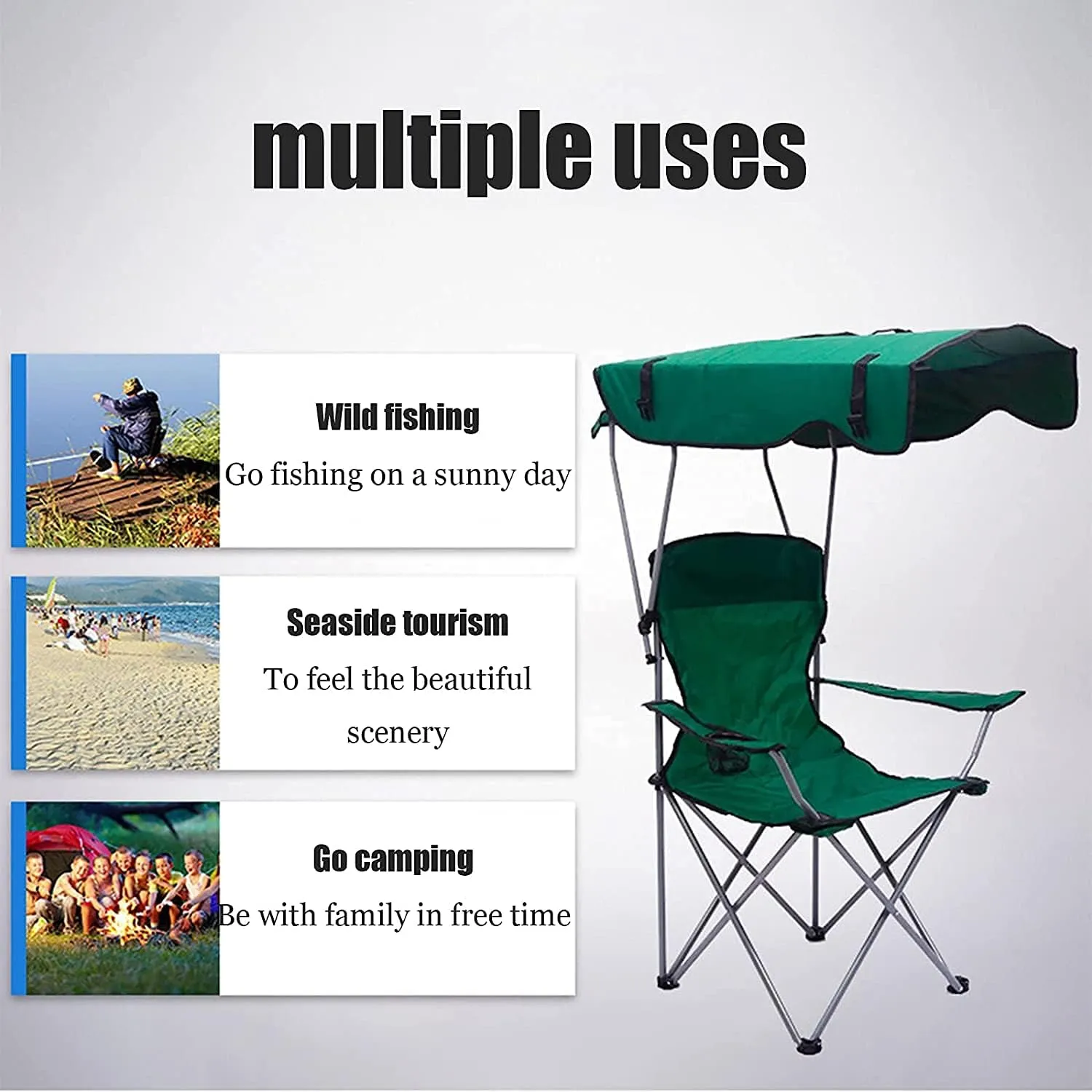 Folding Chairs Camping Chair with Shade Canopy Chair, Folding Recliner, Adjustable Outdoor Beach Lightweight Sunshade Folding Chairs Portable Camping Chair(Green)