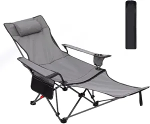 Folding Lounge Chair for Adults, W/Adjustable Backrest,Reclining Camping Chair with Foot Rest, Storage Bag & Cup Holder, Portable Recliner Beach Chair Outdoor Camp Picnics, 120kg