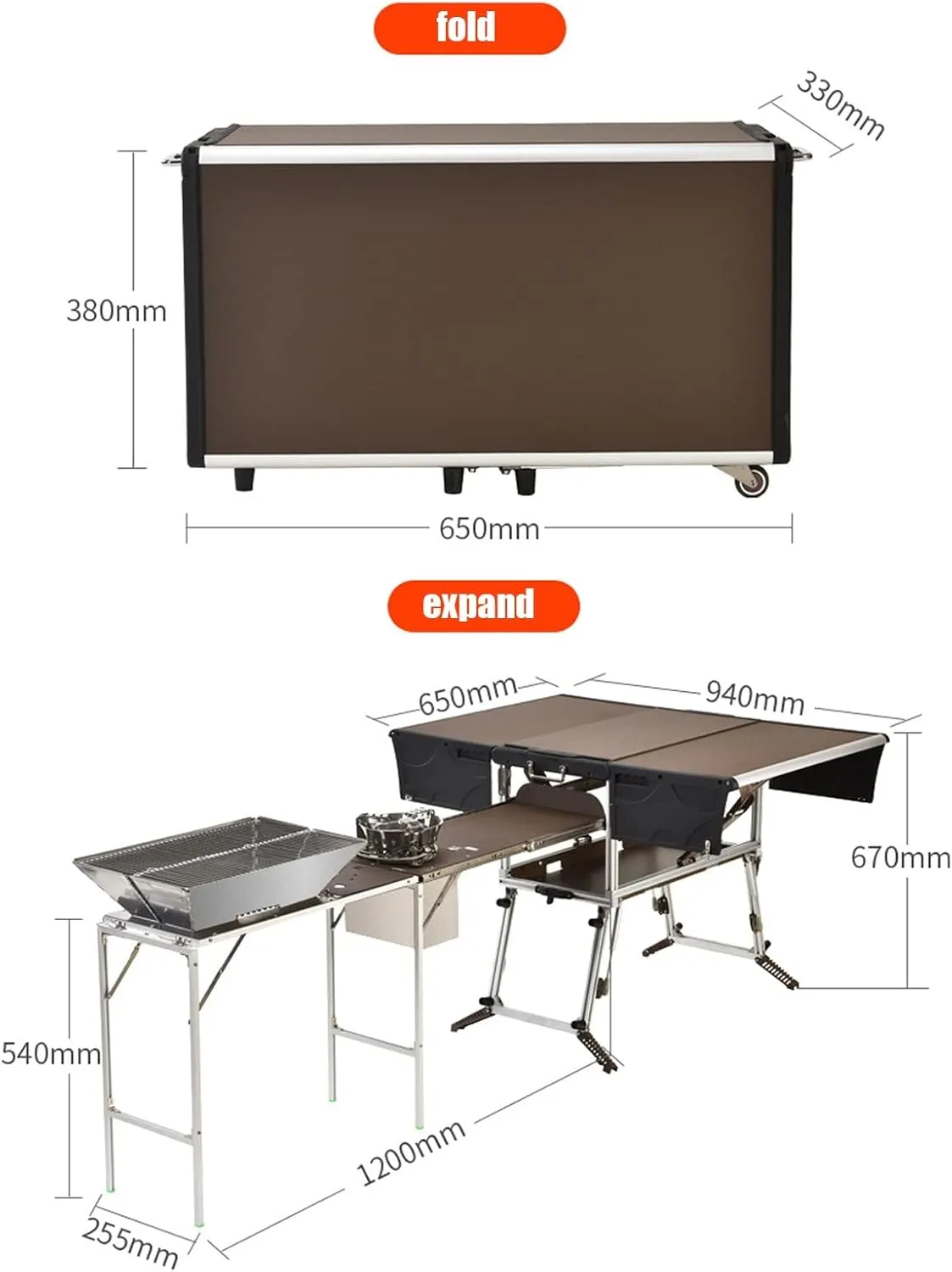 Folding Portable Grill Table with 37'' Main Tabletop, Aluminum Quick Set-up, Outdoor Mobile Kitchen Food Prep Station for Picnic Tailgating RV Backyard (Color : Package 5)