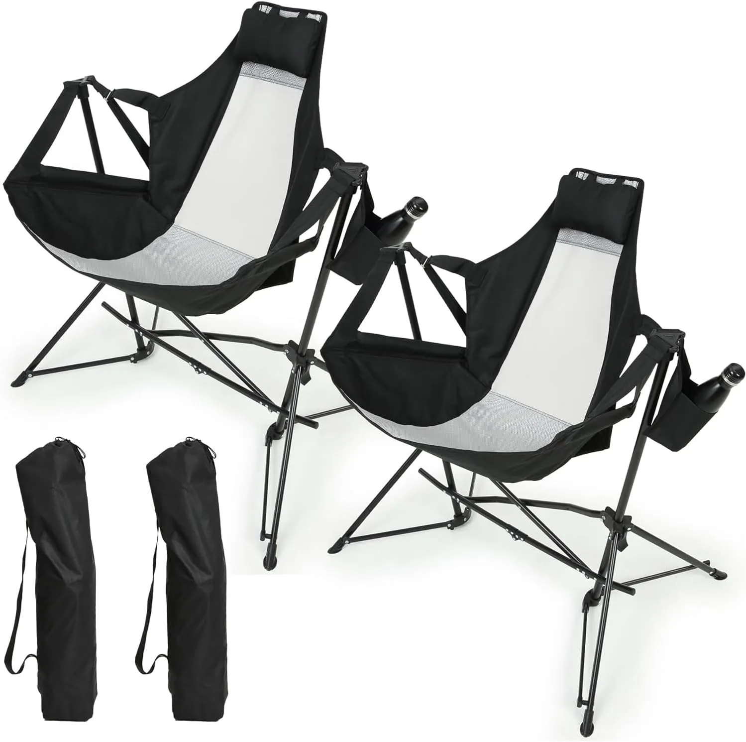 Folding Portable Hammock Camping Chair with Adjustable Back, Cup Holder and Pillow, for Outdoor Travel, Black (Set of 2)