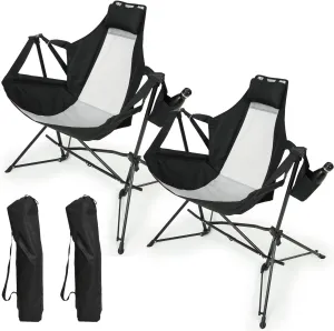Folding Portable Hammock Camping Chair with Adjustable Back, Cup Holder and Pillow, for Outdoor Travel, Black (Set of 2)