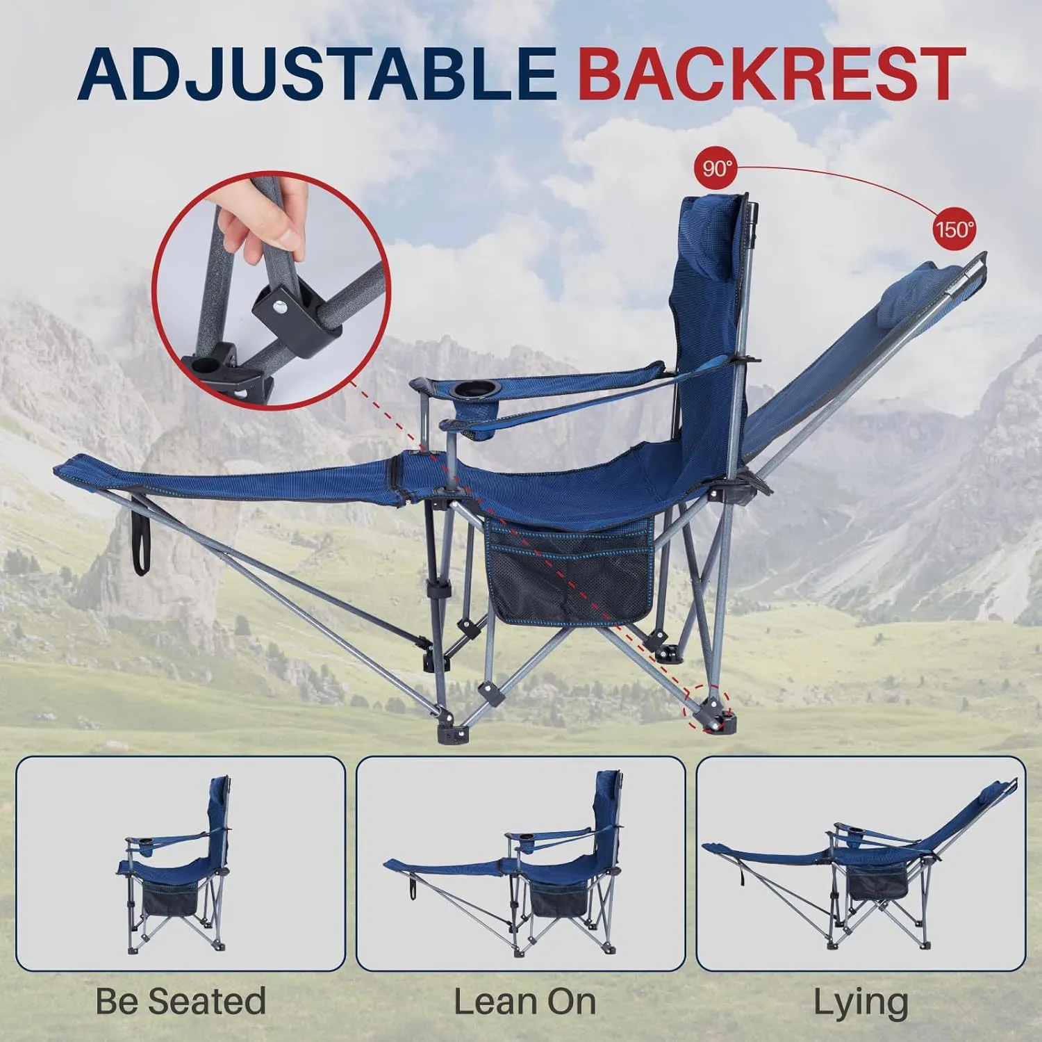 Folding Reclining Camping Chairs Footrest: 3 in 1 Portable Beach Lounge Chair Tanning Chairs with Backpack Lay Flat Lawn Chair Camping Furniture Camp Fishing Outdoor Carry Bag (Cloth Back, Grey)