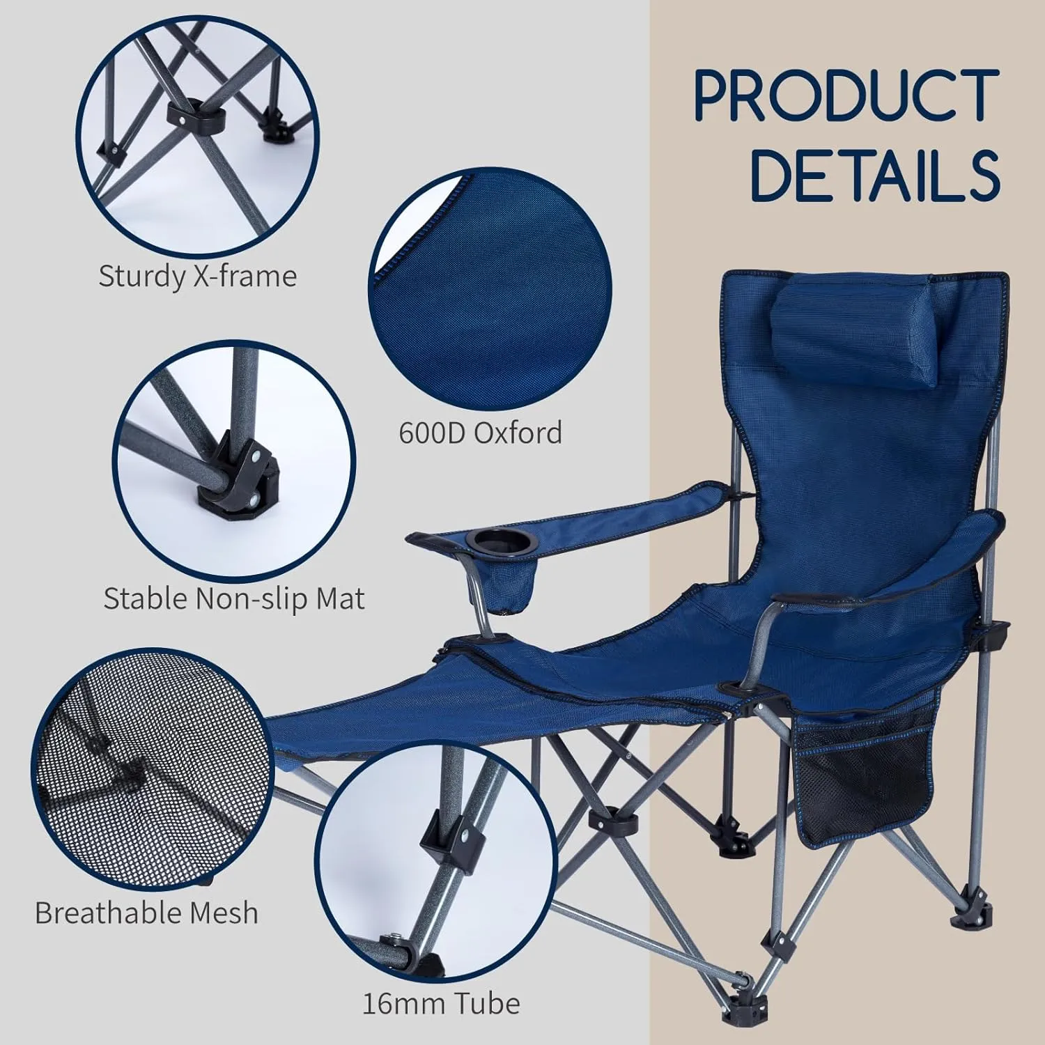 Folding Reclining Camping Chairs Footrest: 3 in 1 Portable Beach Lounge Chair Tanning Chairs with Backpack Lay Flat Lawn Chair Camping Furniture Camp Fishing Outdoor Carry Bag (Cloth Back, Grey)