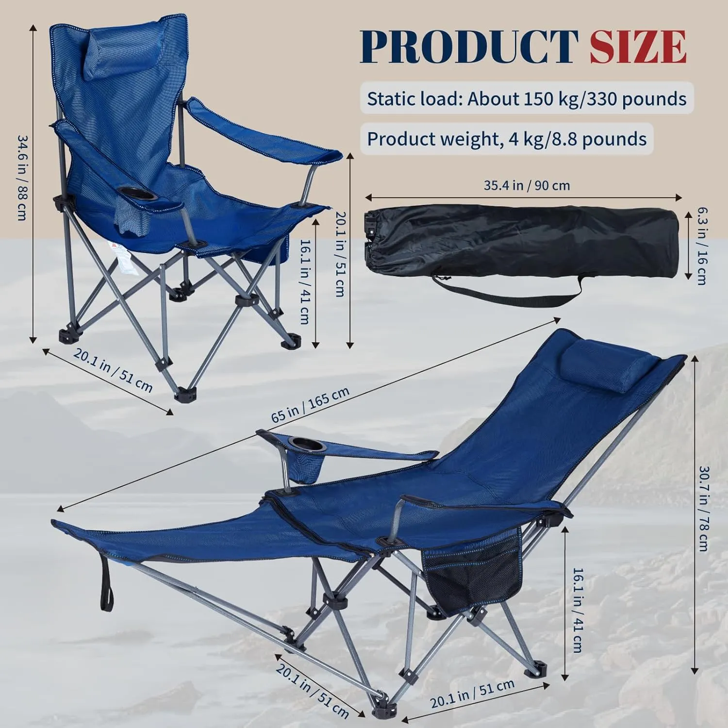 Folding Reclining Camping Chairs Footrest: 3 in 1 Portable Beach Lounge Chair Tanning Chairs with Backpack Lay Flat Lawn Chair Camping Furniture Camp Fishing Outdoor Carry Bag (Cloth Back, Grey)