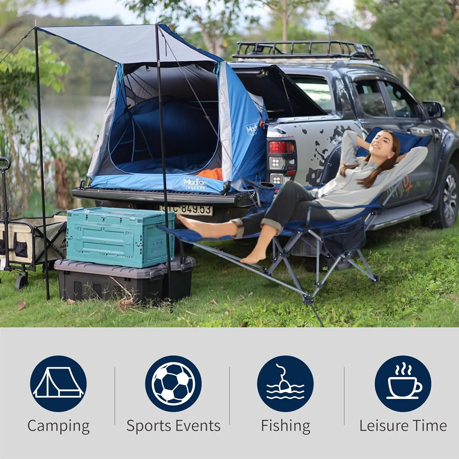 Folding Reclining Camping Chairs Footrest: 3 in 1 Portable Beach Lounge Chair Tanning Chairs with Backpack Lay Flat Lawn Chair Camping Furniture Camp Fishing Outdoor Carry Bag (Cloth Back, Grey)
