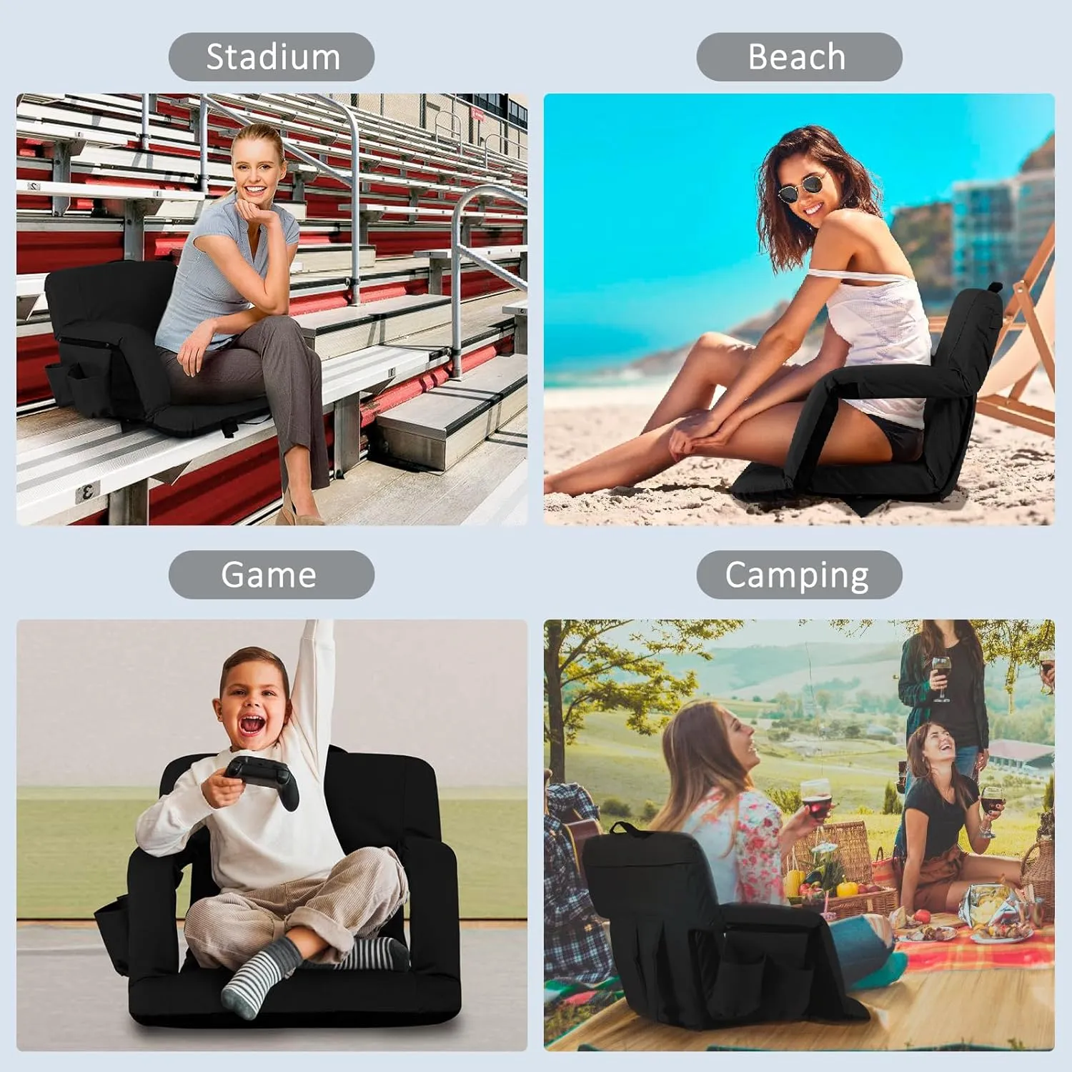 Folding Stadium Seat for Bleachers with Back Support, Bleacher Chairs with Padded Backrest and Adjustable Armrests, 6 Reclining Positions