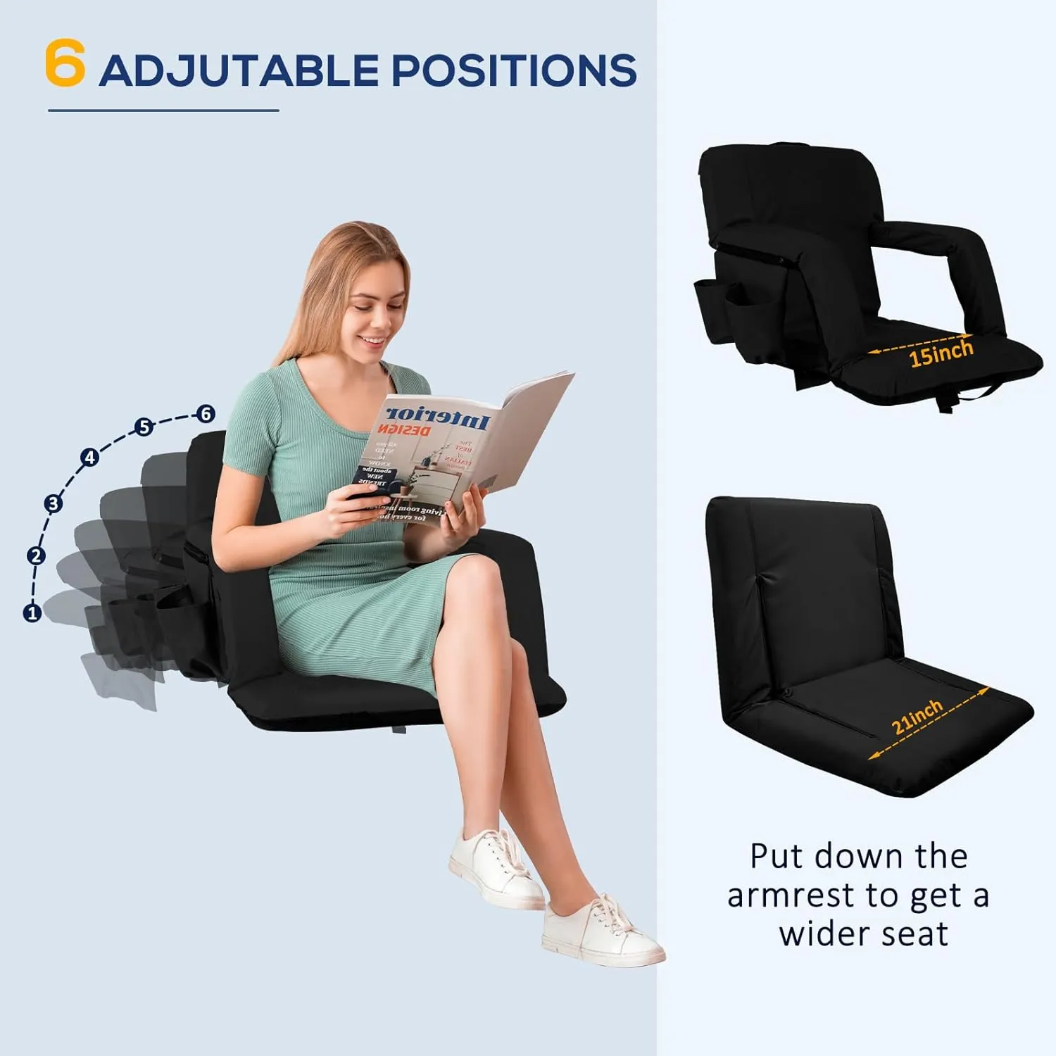 Folding Stadium Seat for Bleachers with Back Support, Bleacher Chairs with Padded Backrest and Adjustable Armrests, 6 Reclining Positions