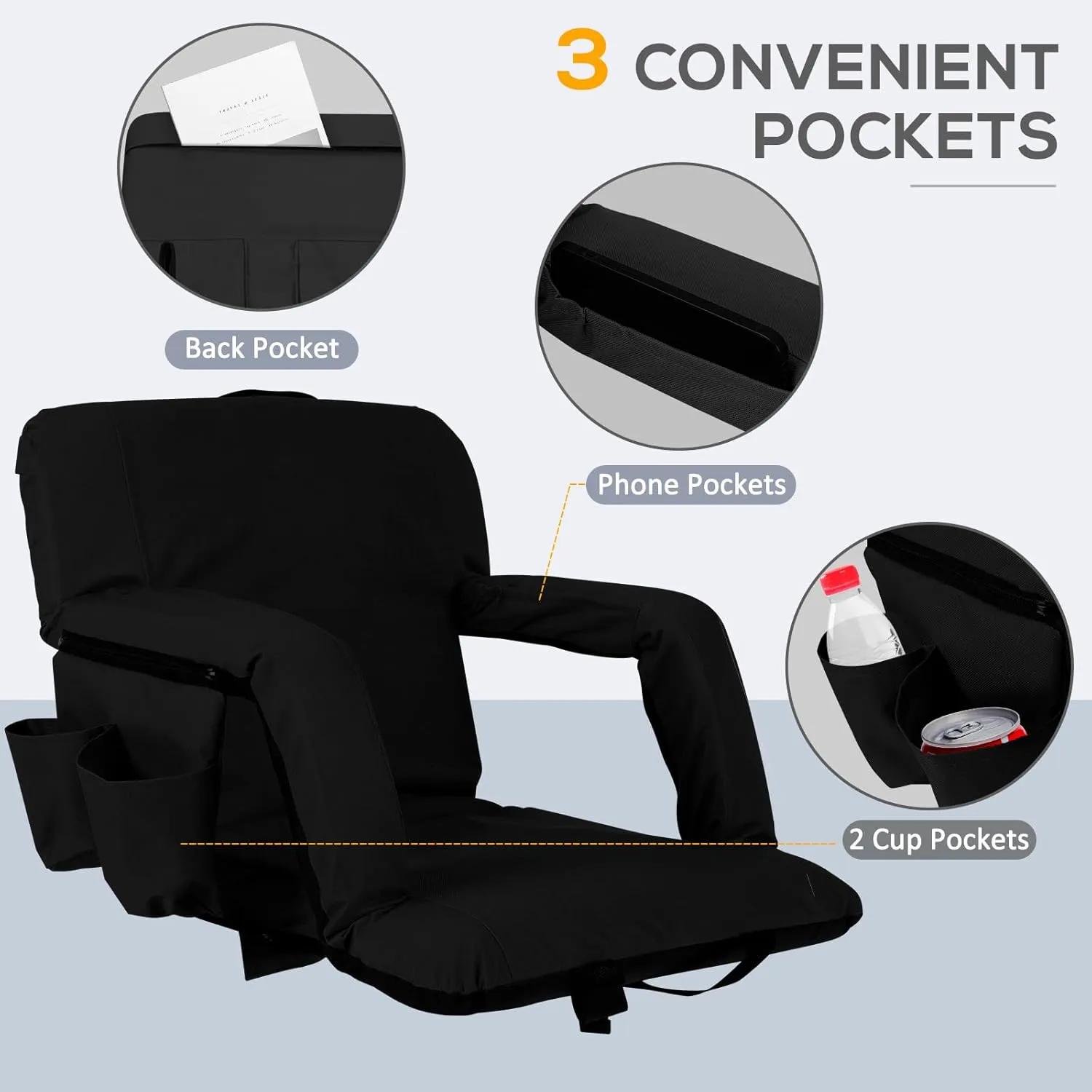 Folding Stadium Seat for Bleachers with Back Support, Bleacher Chairs with Padded Backrest and Adjustable Armrests, 6 Reclining Positions