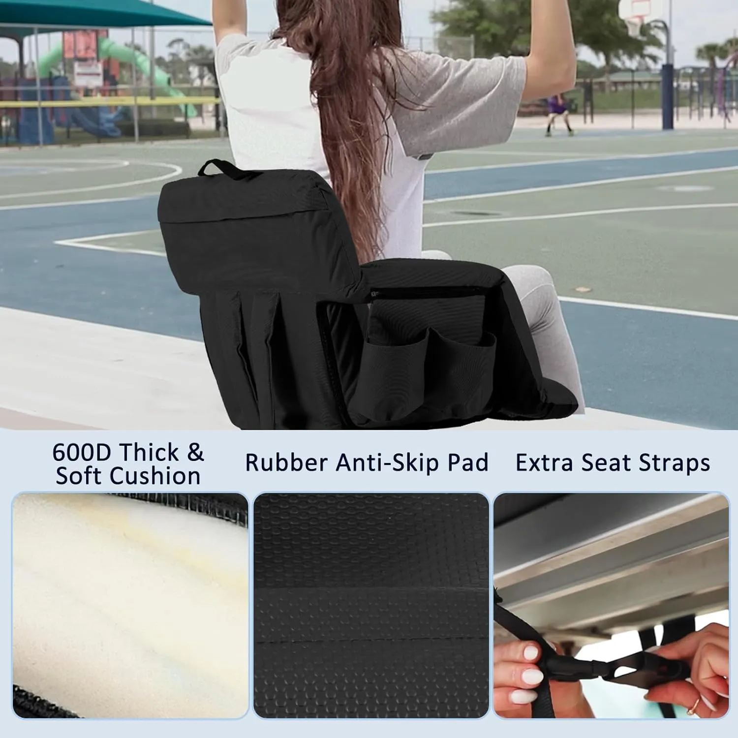 Folding Stadium Seat for Bleachers with Back Support, Bleacher Chairs with Padded Backrest and Adjustable Armrests, 6 Reclining Positions