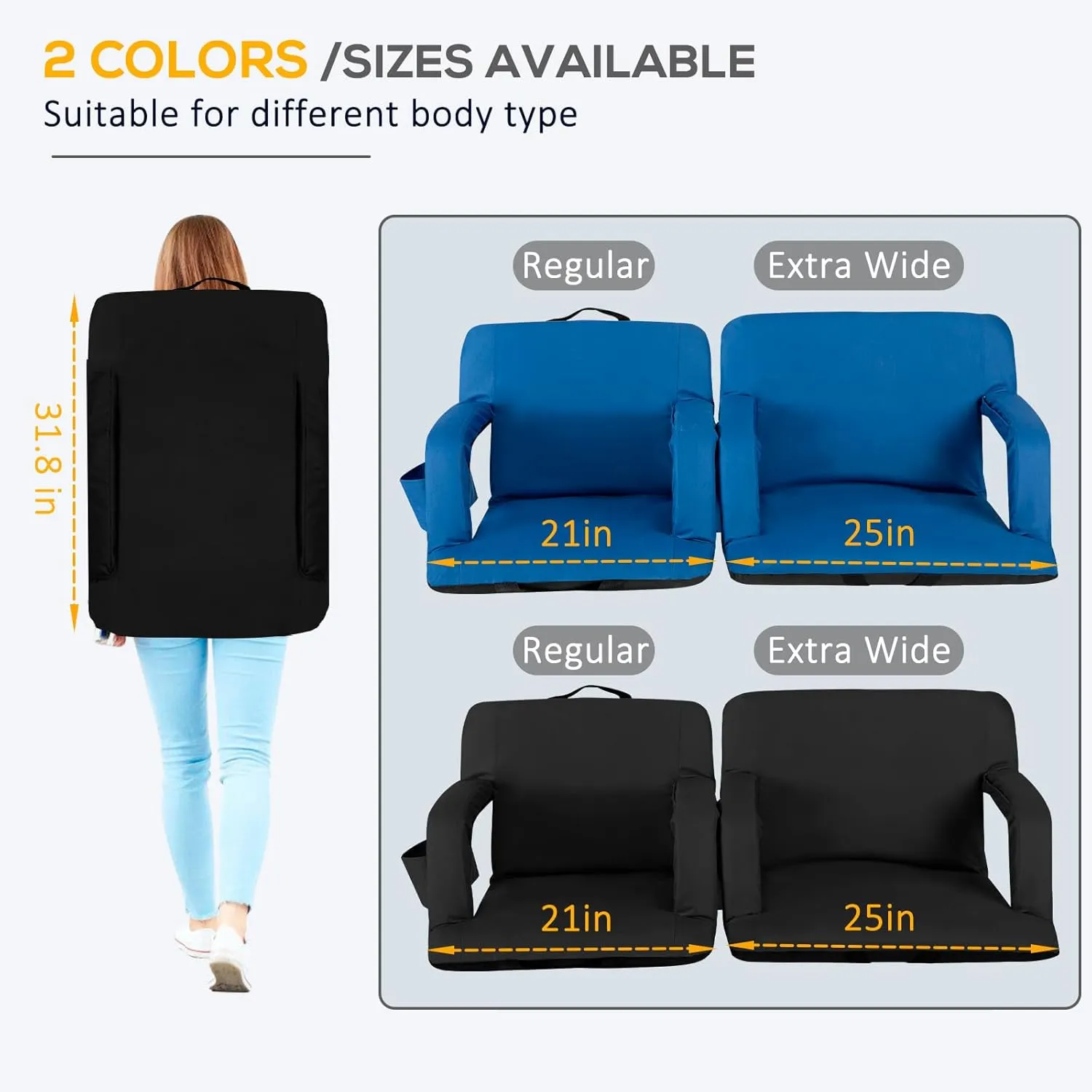 Folding Stadium Seat for Bleachers with Back Support, Bleacher Chairs with Padded Backrest and Adjustable Armrests, 6 Reclining Positions