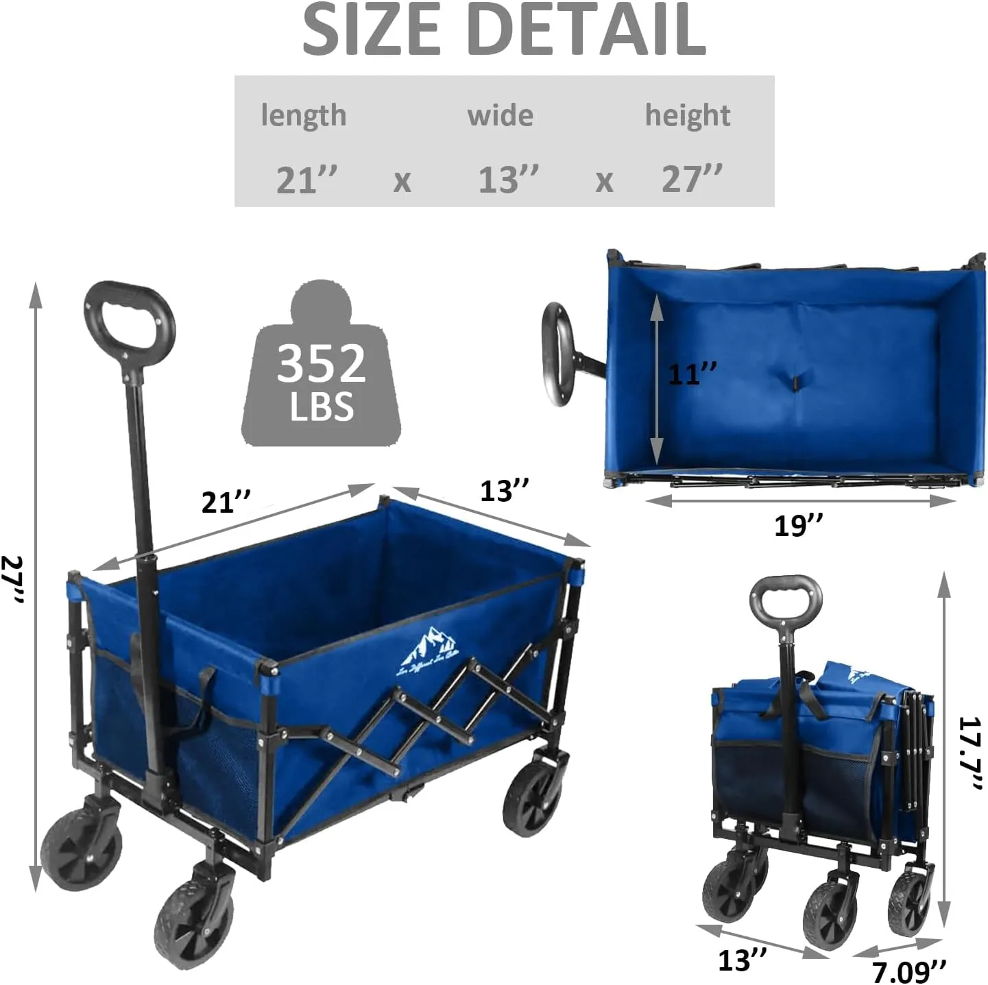Folding Utility Wagon Collapsible Cart, 352LBS Capacity with Silent Wheels, Storage Bag, Lightweight Cart for Grocery, Gardening, Camping, Outdoor Use, Blue