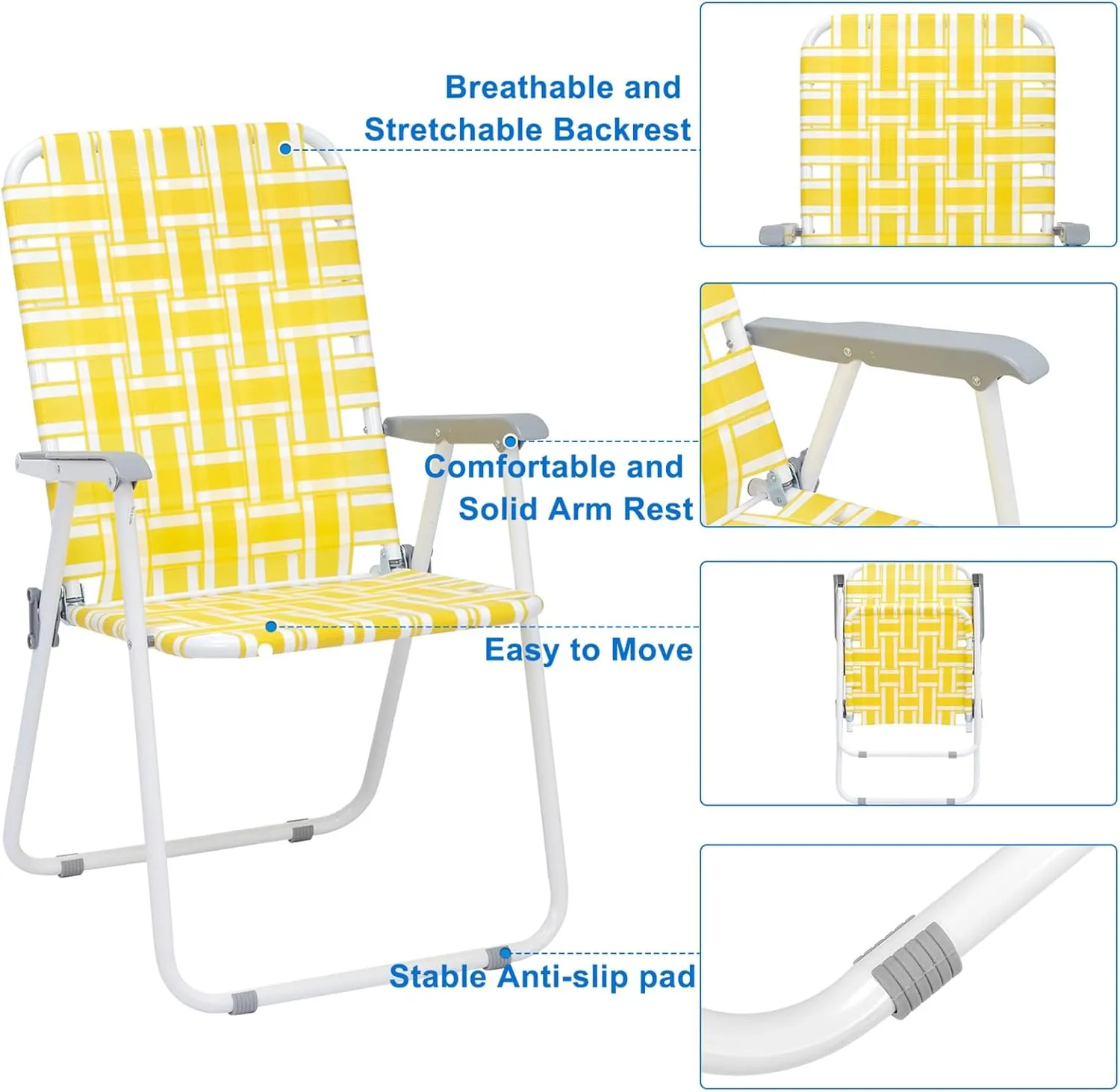 Folding Webbed Lawn Beach Chair Set of 2,Portable Outdoor Chair with Hard Armrest,Patio Dining Chairs Fishing Chair for Garden Concerts Picnic,265 Lbs,21.26" x 21" x 36.4",Yellow & White Strip