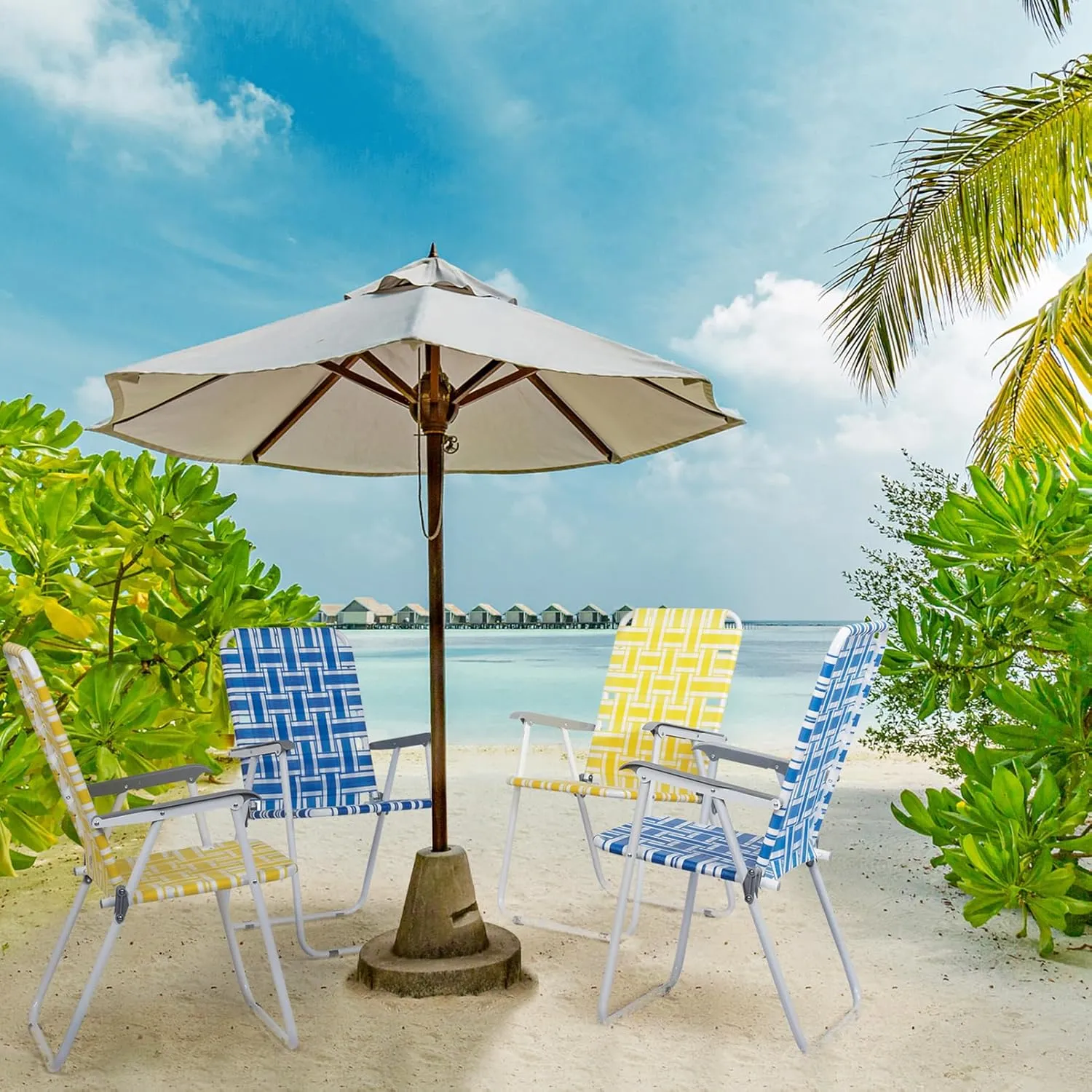 Folding Webbed Lawn Beach Chair Set of 2,Portable Outdoor Chair with Hard Armrest,Patio Dining Chairs Fishing Chair for Garden Concerts Picnic,265 Lbs,21.26" x 21" x 36.4",Yellow & White Strip