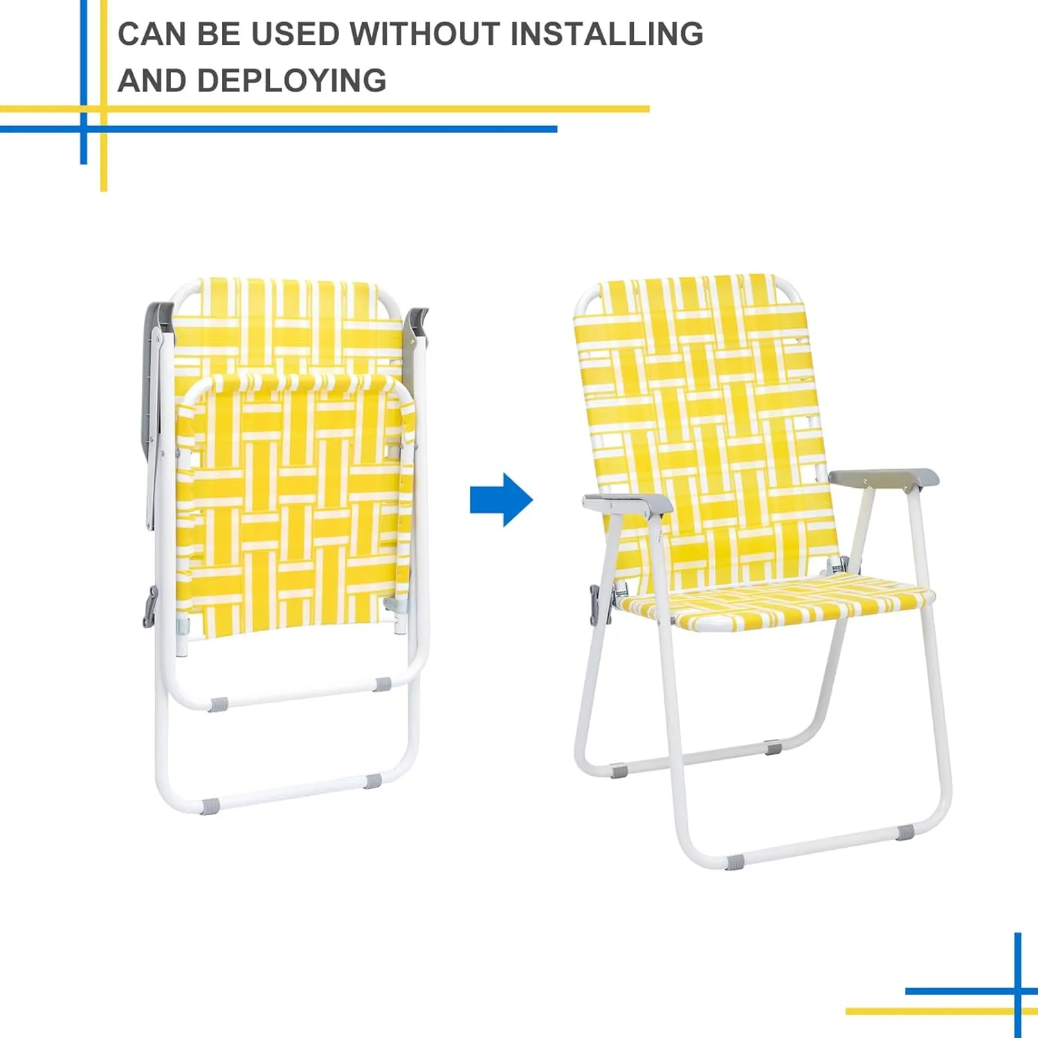 Folding Webbed Lawn Beach Chair Set of 2,Portable Outdoor Chair with Hard Armrest,Patio Dining Chairs Fishing Chair for Garden Concerts Picnic,265 Lbs,21.26" x 21" x 36.4",Yellow & White Strip