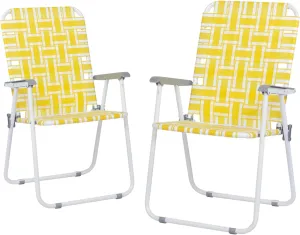 Folding Webbed Lawn Beach Chair Set of 2,Portable Outdoor Chair with Hard Armrest,Patio Dining Chairs Fishing Chair for Garden Concerts Picnic,265 Lbs,21.26" x 21" x 36.4",Yellow & White Strip
