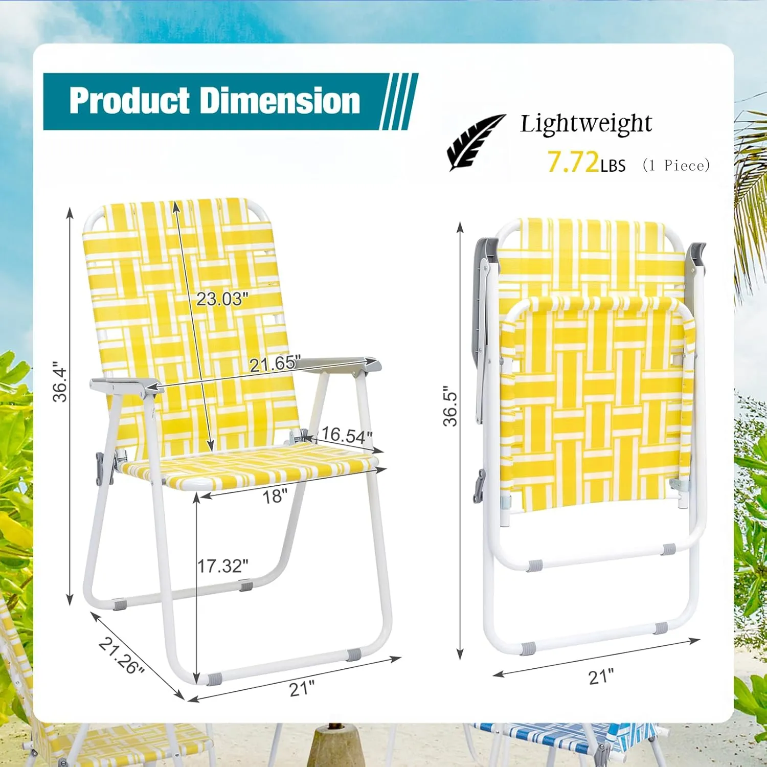Folding Webbed Lawn Beach Chair Set of 2,Portable Outdoor Chair with Hard Armrest,Patio Dining Chairs Fishing Chair for Garden Concerts Picnic,265 Lbs,21.26" x 21" x 36.4",Yellow & White Strip