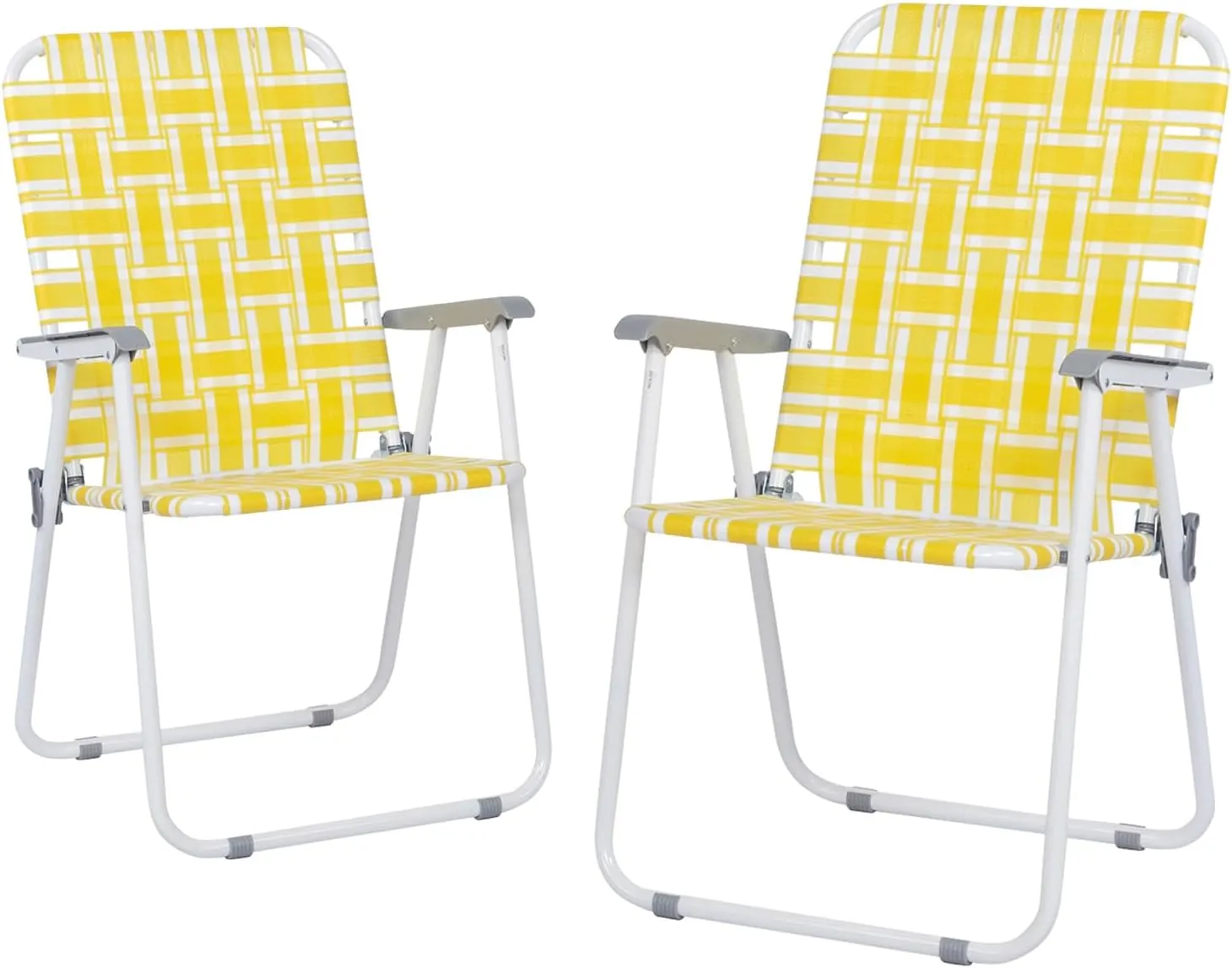 Folding Webbed Lawn Beach Chair Set of 2,Portable Outdoor Chair with Hard Armrest,Patio Dining Chairs Fishing Chair for Garden Concerts Picnic,265 Lbs,21.26" x 21" x 36.4",Yellow & White Strip