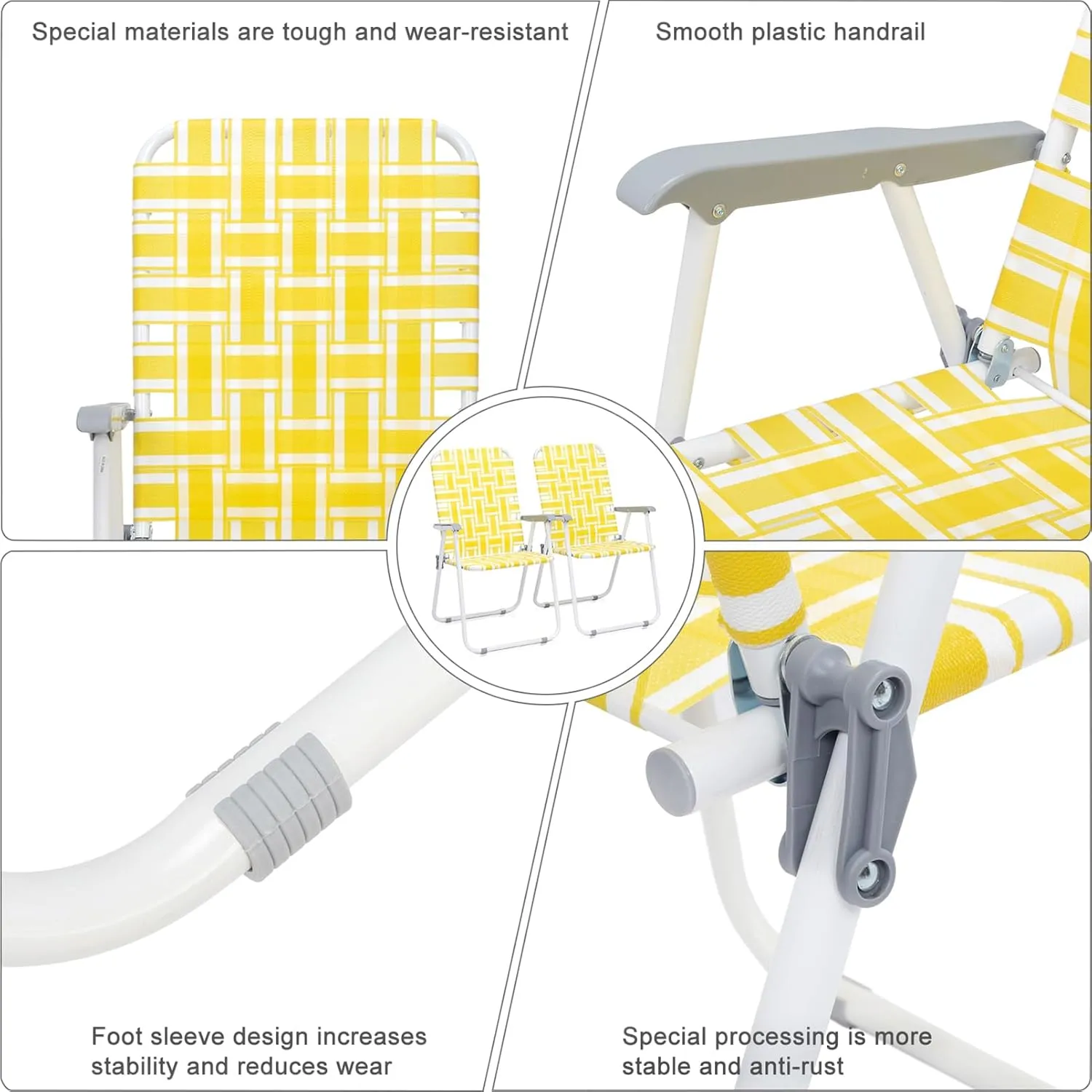Folding Webbed Lawn Beach Chair Set of 2,Portable Outdoor Chair with Hard Armrest,Patio Dining Chairs Fishing Chair for Garden Concerts Picnic,265 Lbs,21.26" x 21" x 36.4",Yellow & White Strip