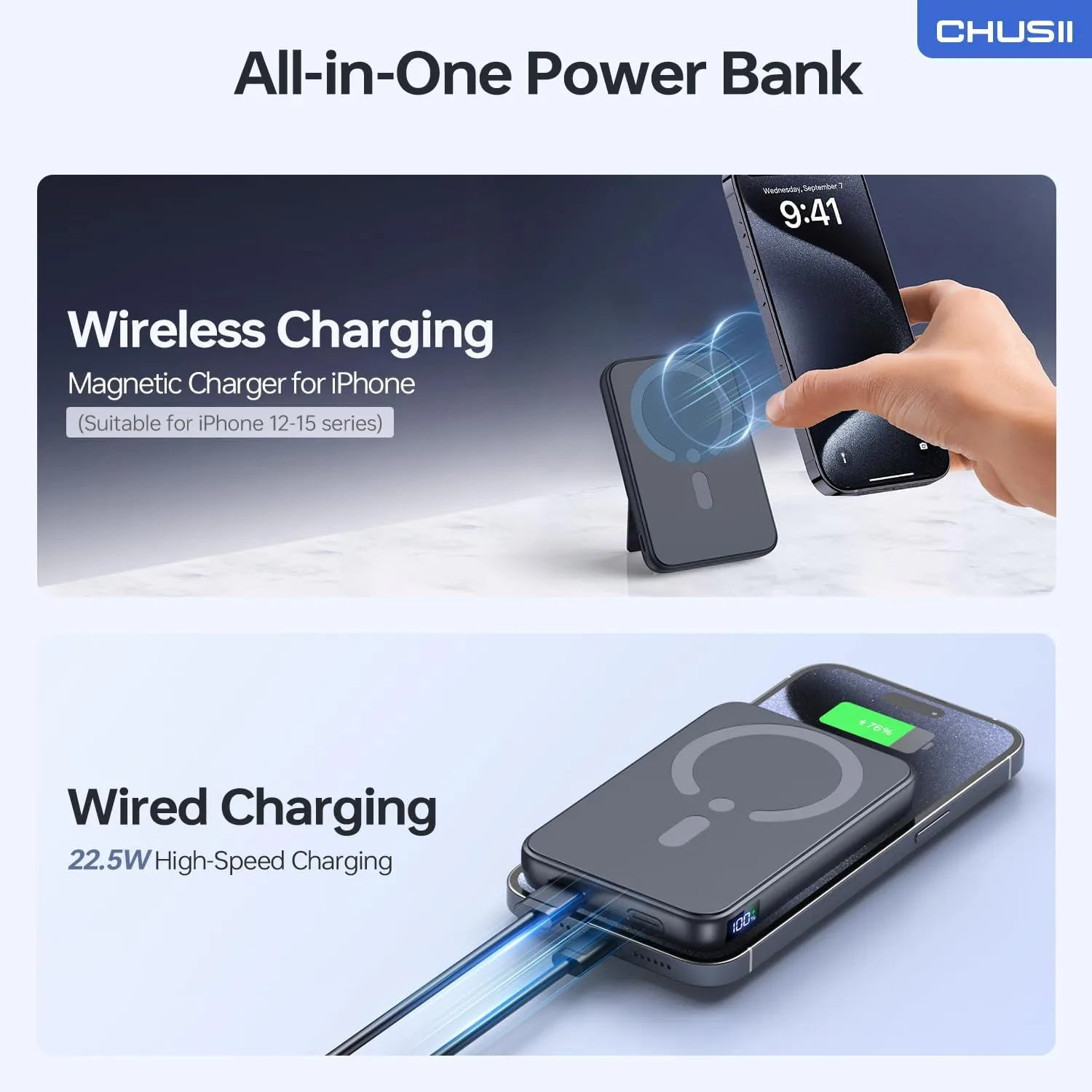 for Magsafe Portable Charger, 12000mAh Wireless Magnetic Power Bank with Stand and USB C in/Out Fast Charging, for Magsafe Battery Pack Compatible with iPhone 15/14/13/12 Pro/Pro Max Series-Black