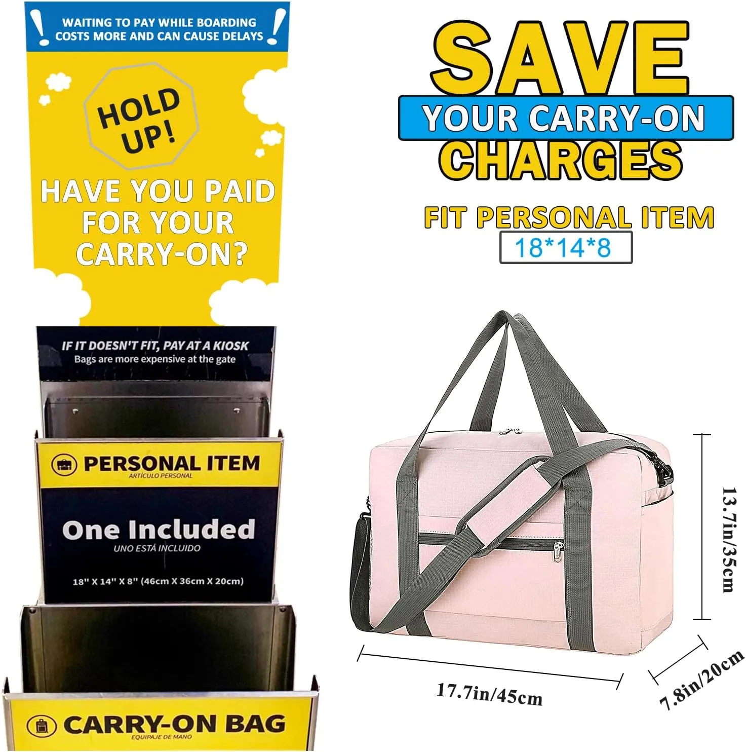 For Spirit Airlines Personal Item Bag 18x14x8 with Wet Pocket Foldable Travel Duffel Bag Underseat Carry on for Men & Women