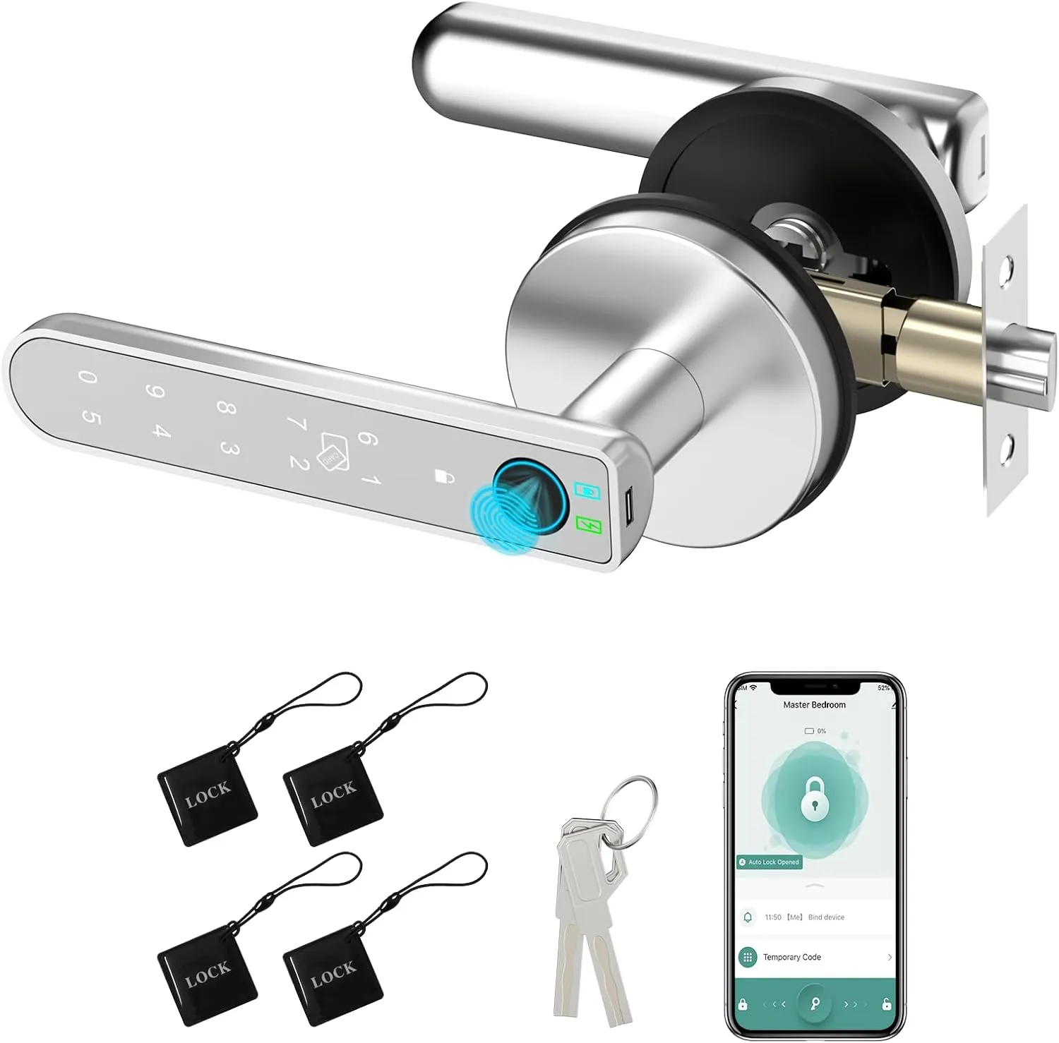 Foxgard Smart Fingerprint Door Lock:Fingerprint Door Knob-Biometric 5-in-1 Finger Print Door Lock-Smart Door Knob for Bedroom-APP Control-Easy Installation–Round Silver–1 Pack