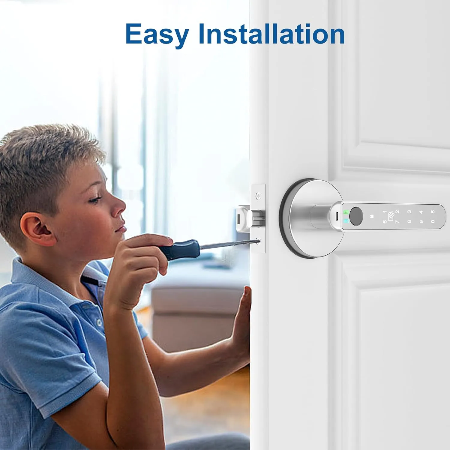 Foxgard Smart Fingerprint Door Lock:Fingerprint Door Knob-Biometric 5-in-1 Finger Print Door Lock-Smart Door Knob for Bedroom-APP Control-Easy Installation–Round Silver–1 Pack