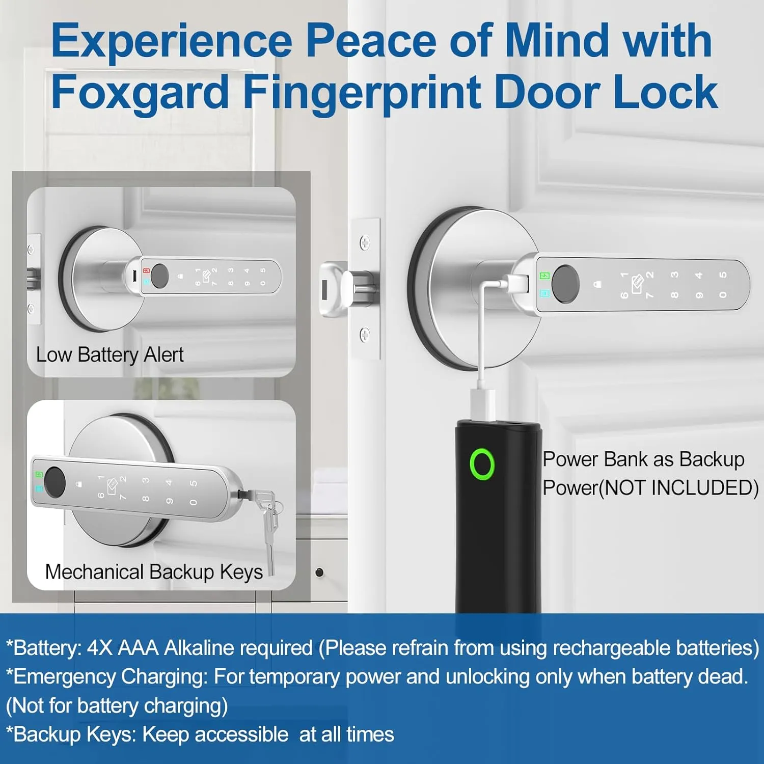 Foxgard Smart Fingerprint Door Lock:Fingerprint Door Knob-Biometric 5-in-1 Finger Print Door Lock-Smart Door Knob for Bedroom-APP Control-Easy Installation–Round Silver–1 Pack