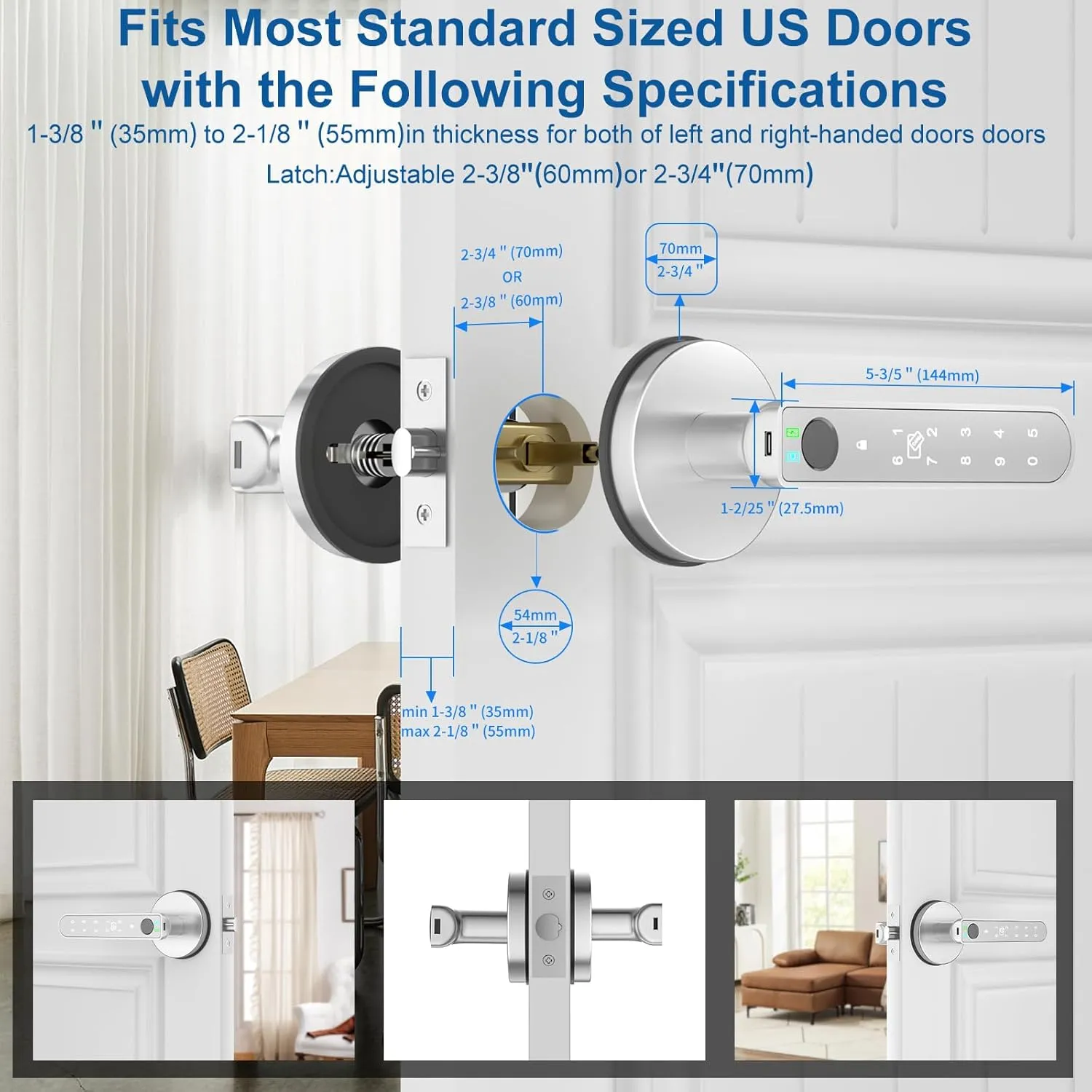 Foxgard Smart Fingerprint Door Lock:Fingerprint Door Knob-Biometric 5-in-1 Finger Print Door Lock-Smart Door Knob for Bedroom-APP Control-Easy Installation–Round Silver–1 Pack