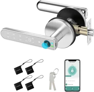 Foxgard Smart Fingerprint Door Lock:Fingerprint Door Knob-Biometric 5-in-1 Finger Print Door Lock-Smart Door Knob for Bedroom-APP Control-Easy Installation–Round Silver–1 Pack