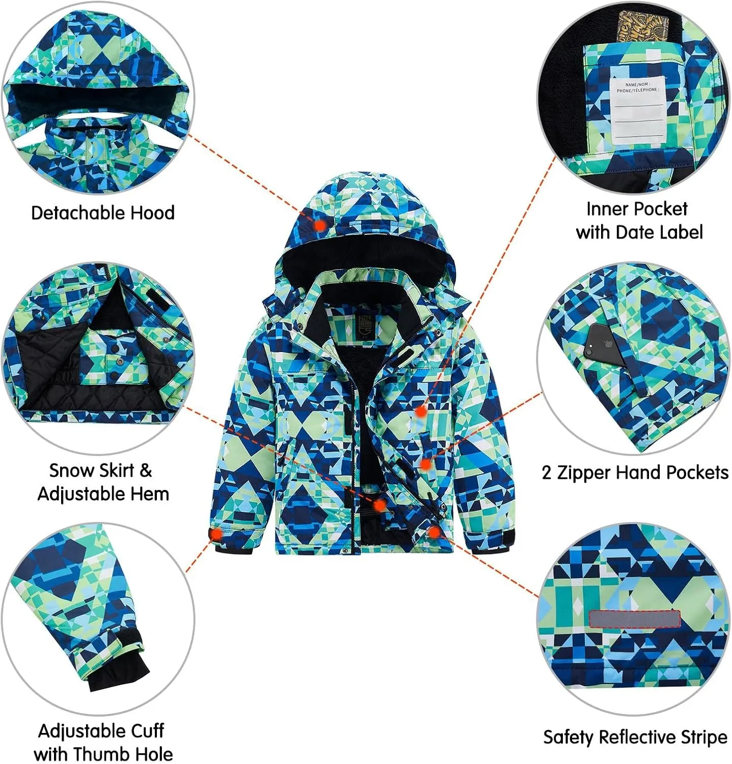 FREE SOLDIER Boys Girls Waterproof Ski Jacket Fleece Lined Warm Winter Snow Coat Kids Winter Jacket with Detachable Hood