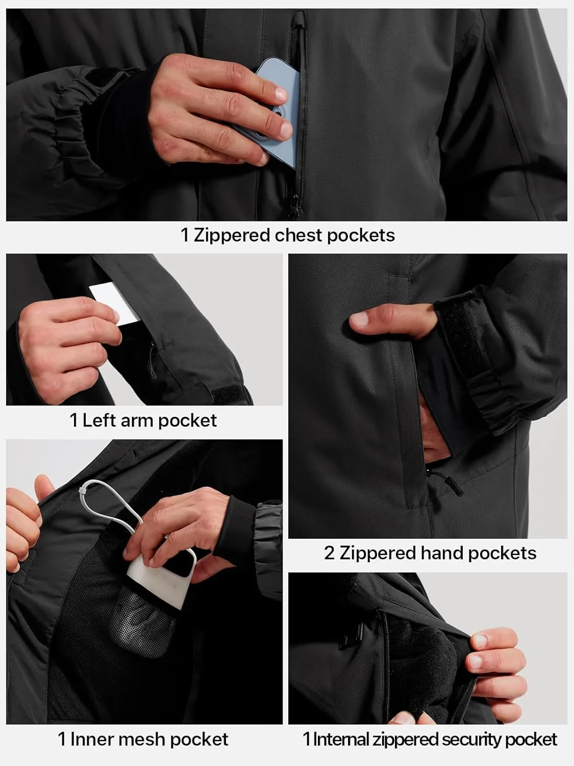 FREE SOLDIER Men's Waterproof Ski Snow Jacket Fleece Lined Warm Winter Rain Jacket with Hood Fully Taped Seams