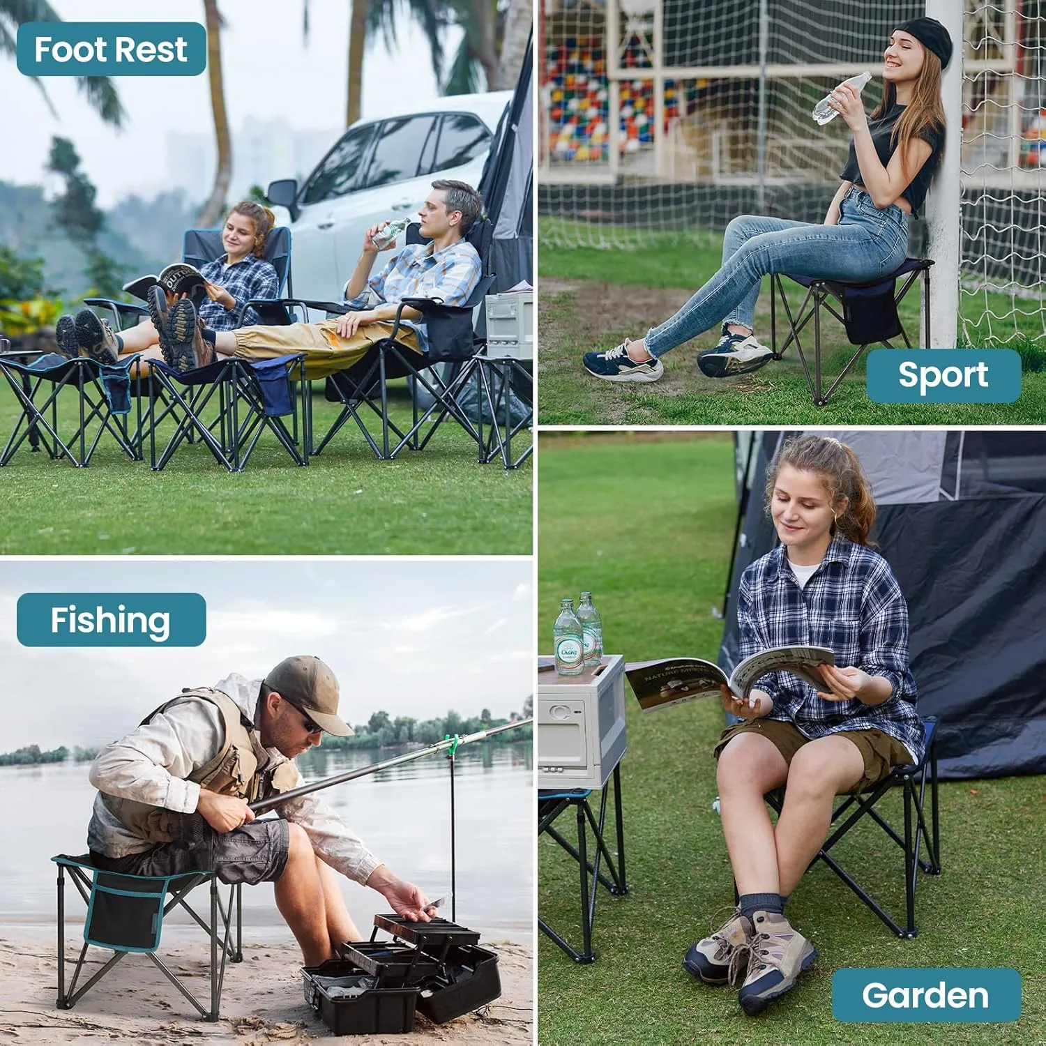 FUNDANGO Folding Camping Stool, 18.1 Inch Oversized Foot Stools 400 Lbs Heavy Duty Portable Padded Seat Anti-Slip Foots & Carry Bag for Fishing Outdoor Lawn Travel (Blue)