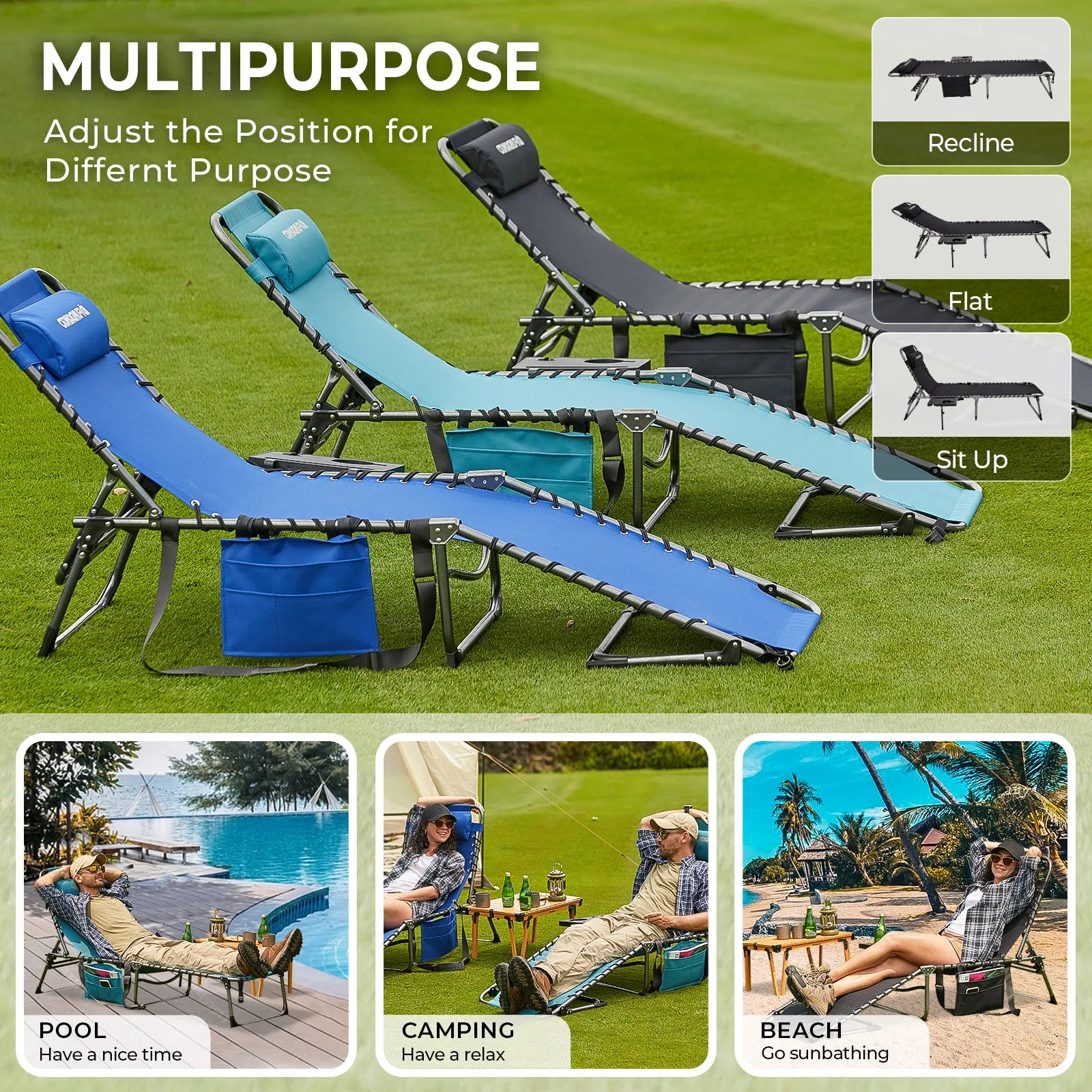 FUNDANGO Outdoor Folding Chaise Lounge Chair with Side Table
