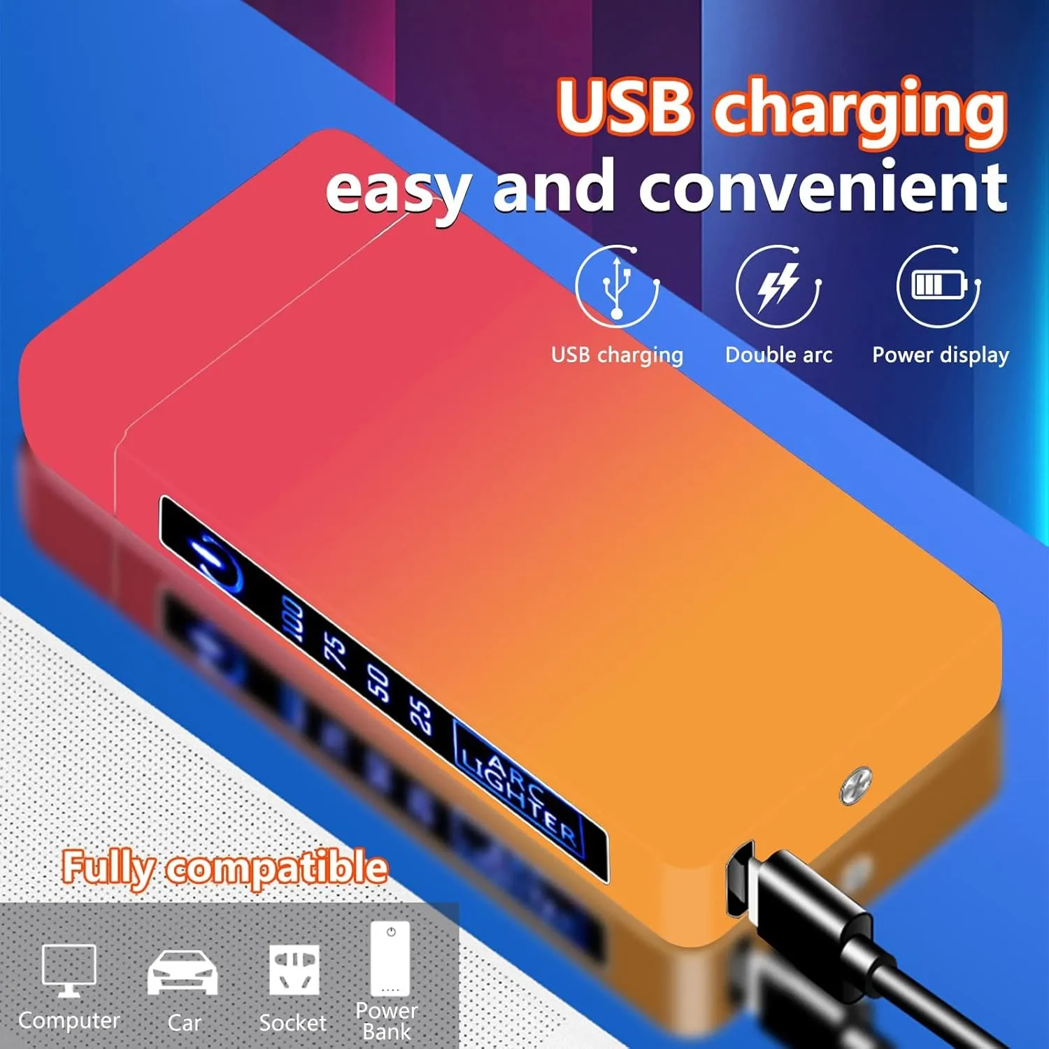 GADATOP Electric Lighter Rechargeable USB Lighter Dual Arc Lighter Windproof Flameless Lighter Outdoor Colorful Gradient Lighter Plasma Lighter with Rhythmic Flashing Battery Indicator (Pink-Orange)