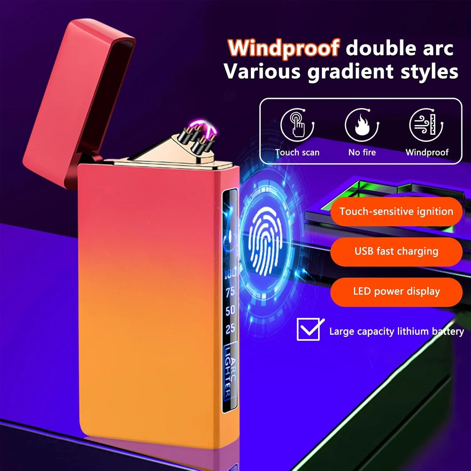 GADATOP Electric Lighter Rechargeable USB Lighter Dual Arc Lighter Windproof Flameless Lighter Outdoor Colorful Gradient Lighter Plasma Lighter with Rhythmic Flashing Battery Indicator (Pink-Orange)